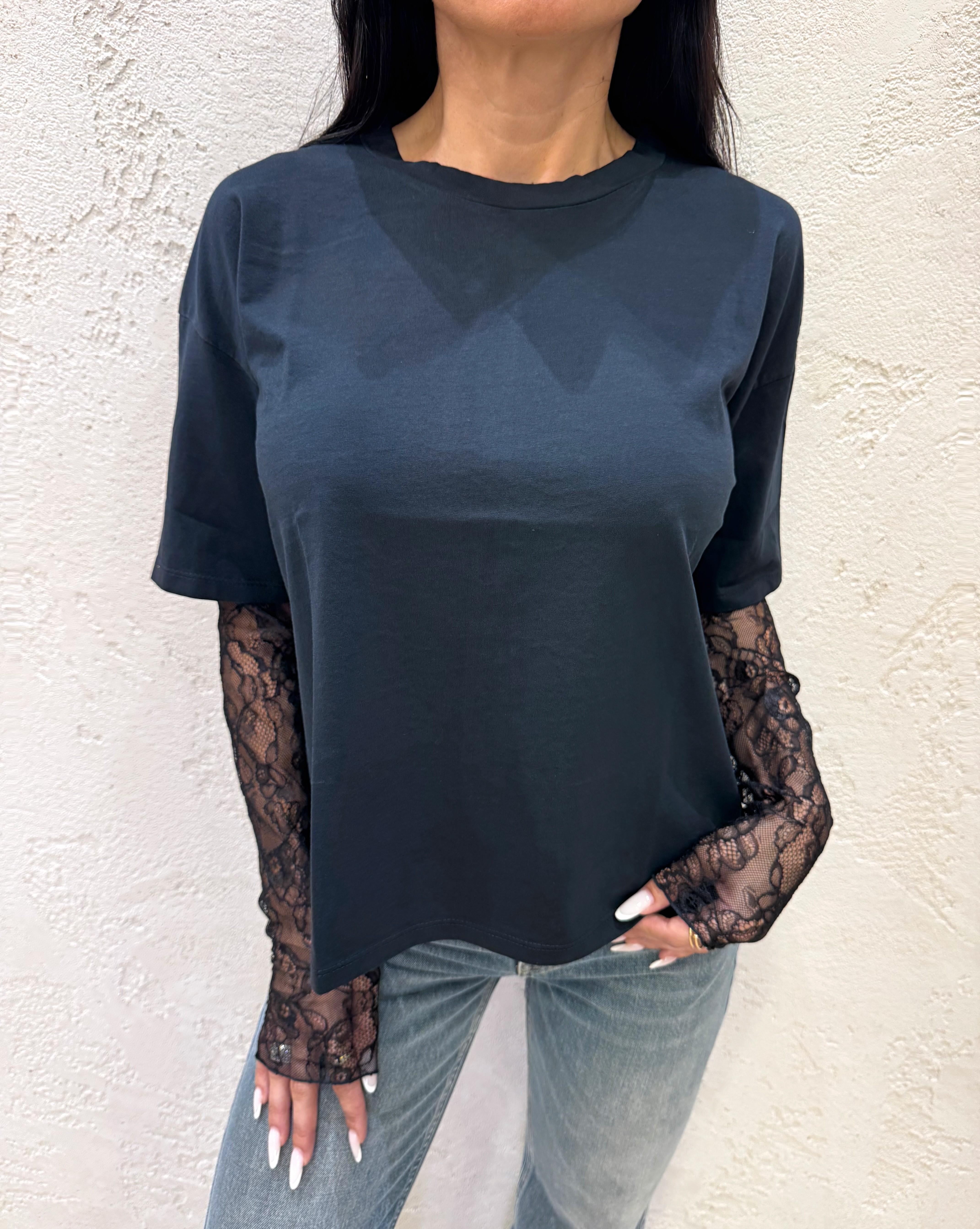 t-shirt con maniche in pizzo 11073 NERO SUSY MIX 