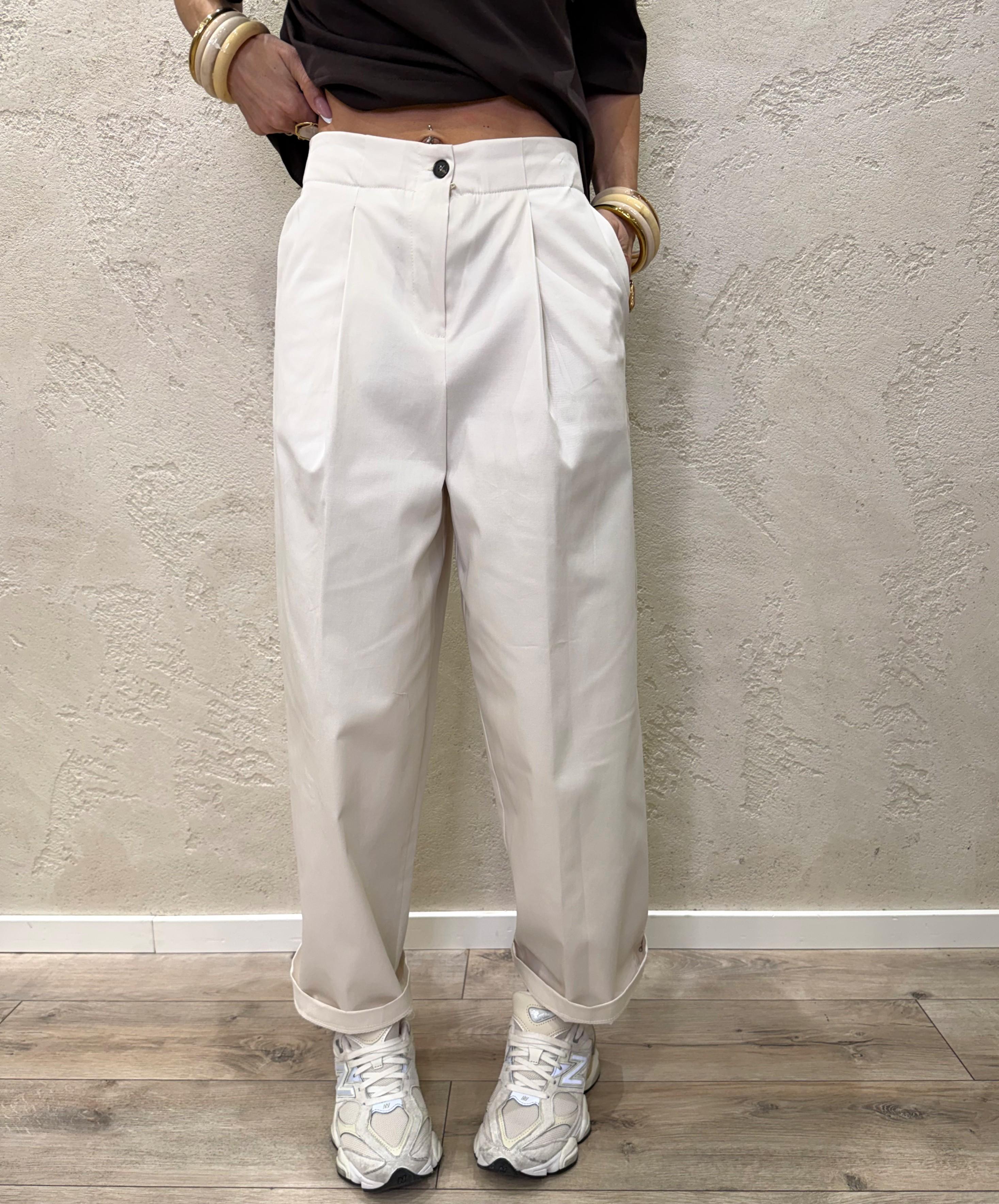 pantalone in cotone a gamba dritta con pinces sul davanti 26P4516 PANNA TENSIONE IN 