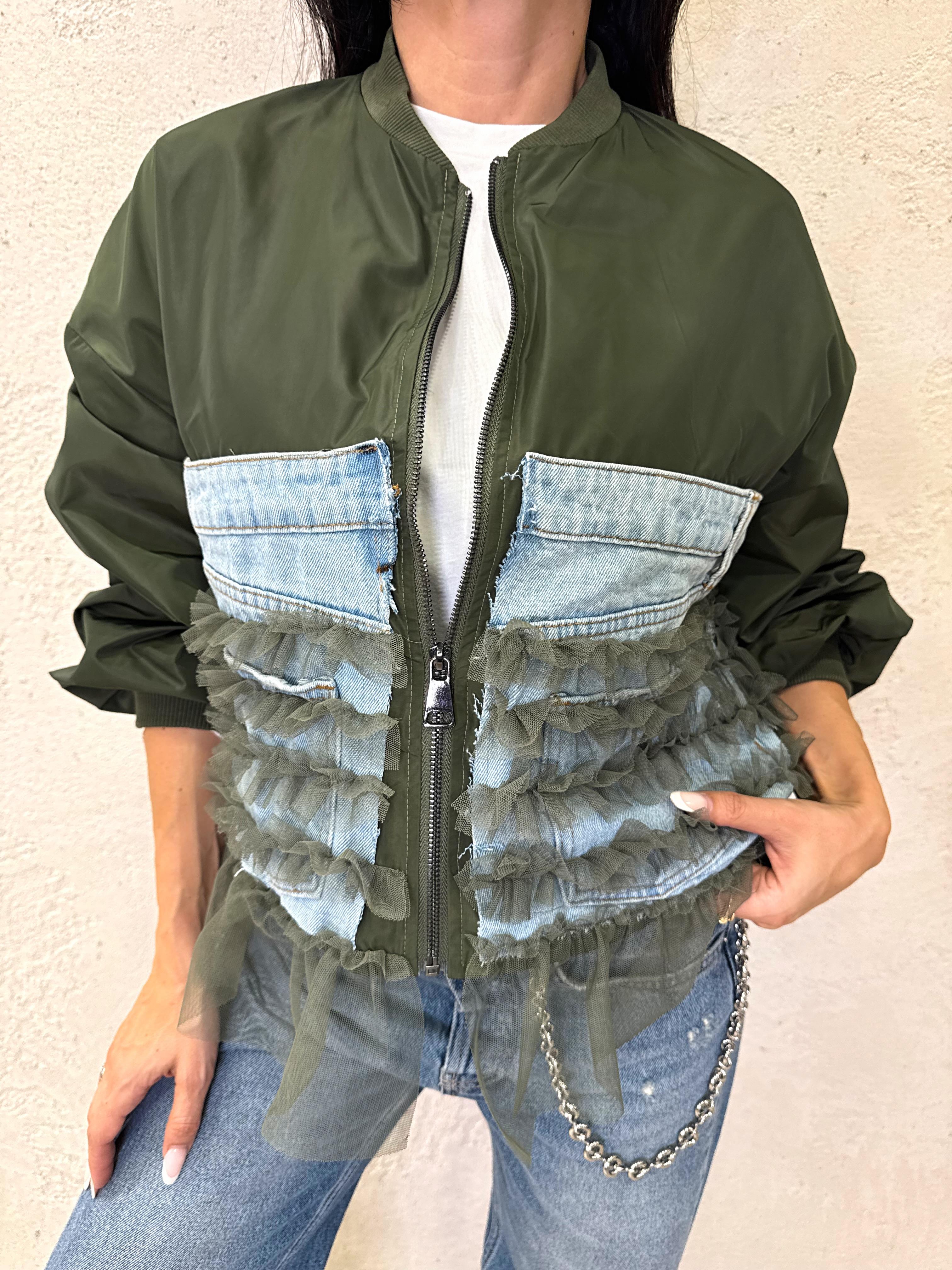bomber in nylon con inserti denim e tulle S2774 VERDE MILITARE SUSY MIX 