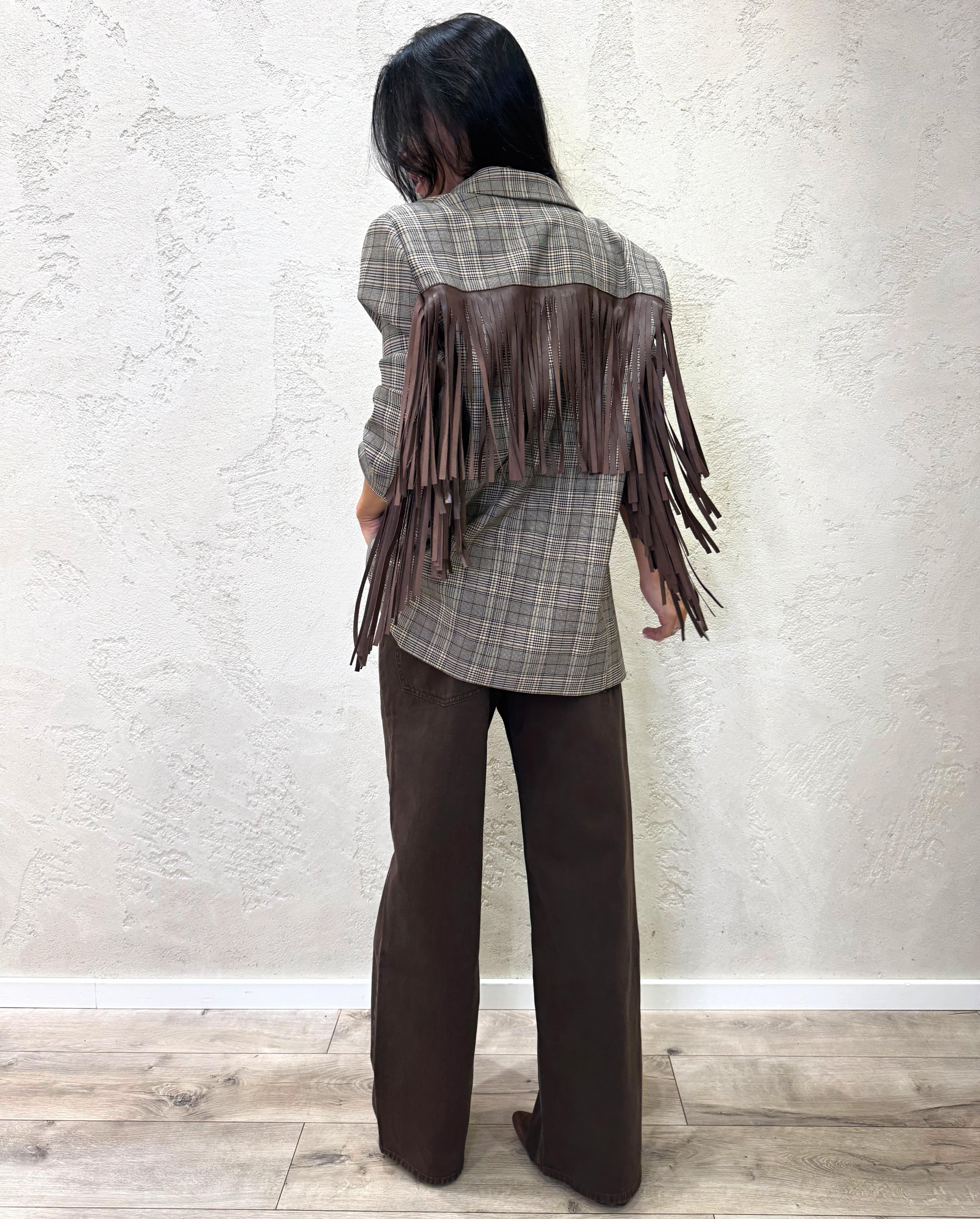 blazer over in check con frange TF0740 MARRONE VICOLO 