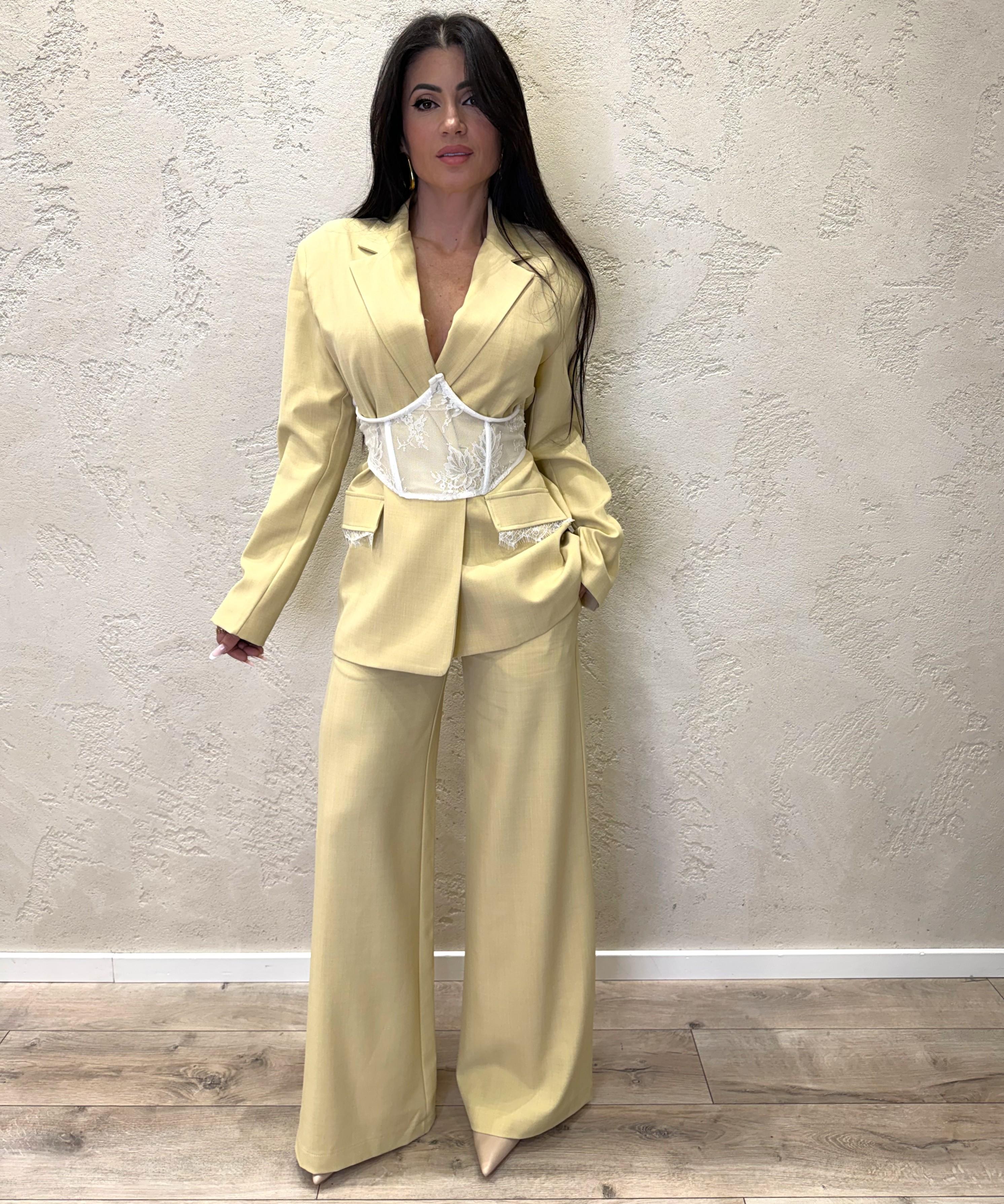 pantalone a palazzo con inserti in pizzo TAB1457 GIALLO PAGLIERINO VICOLO 