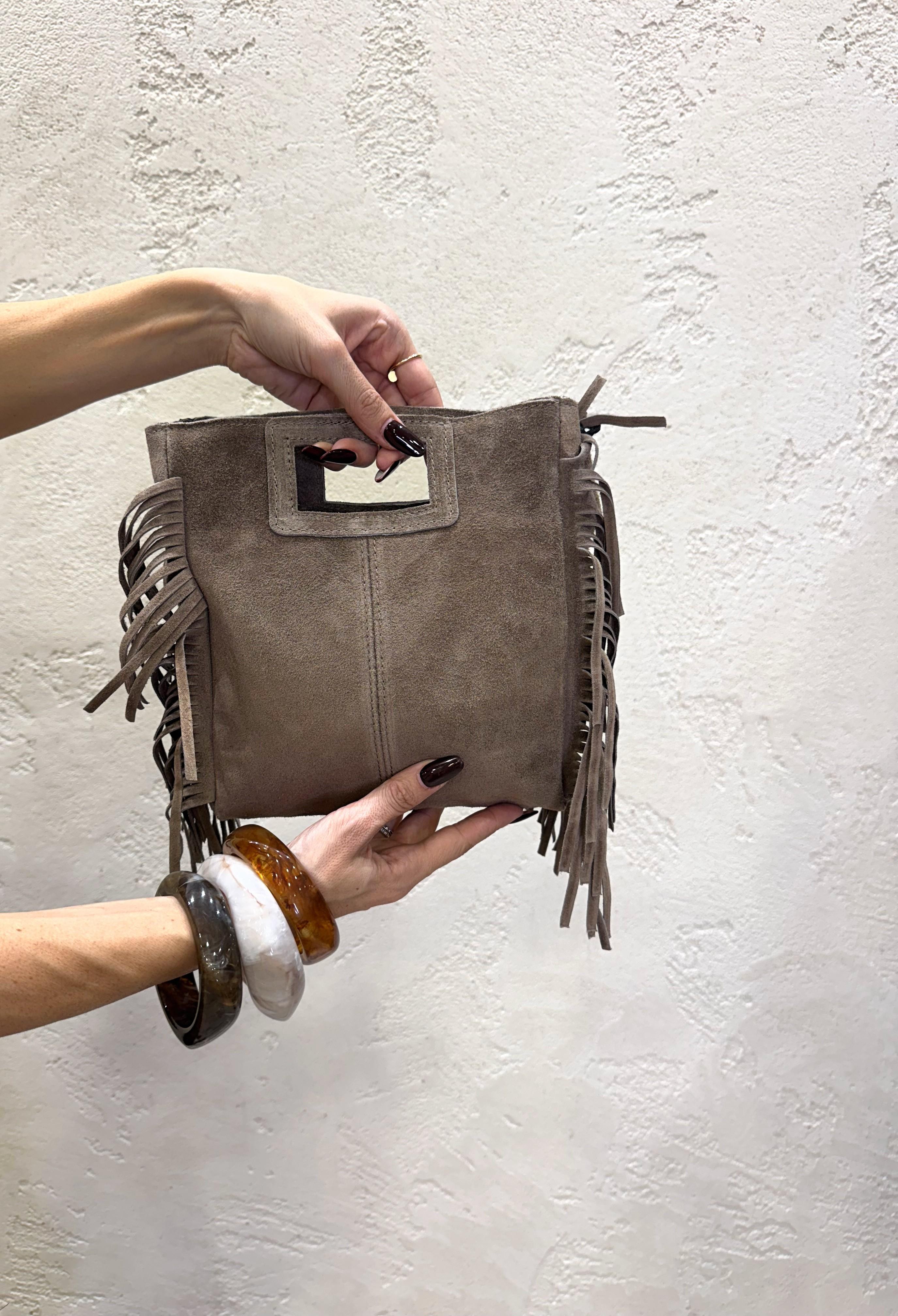borsa a mano in vera pelle scamosciata con frange WCP-N090 TAUPE HAVEONE 