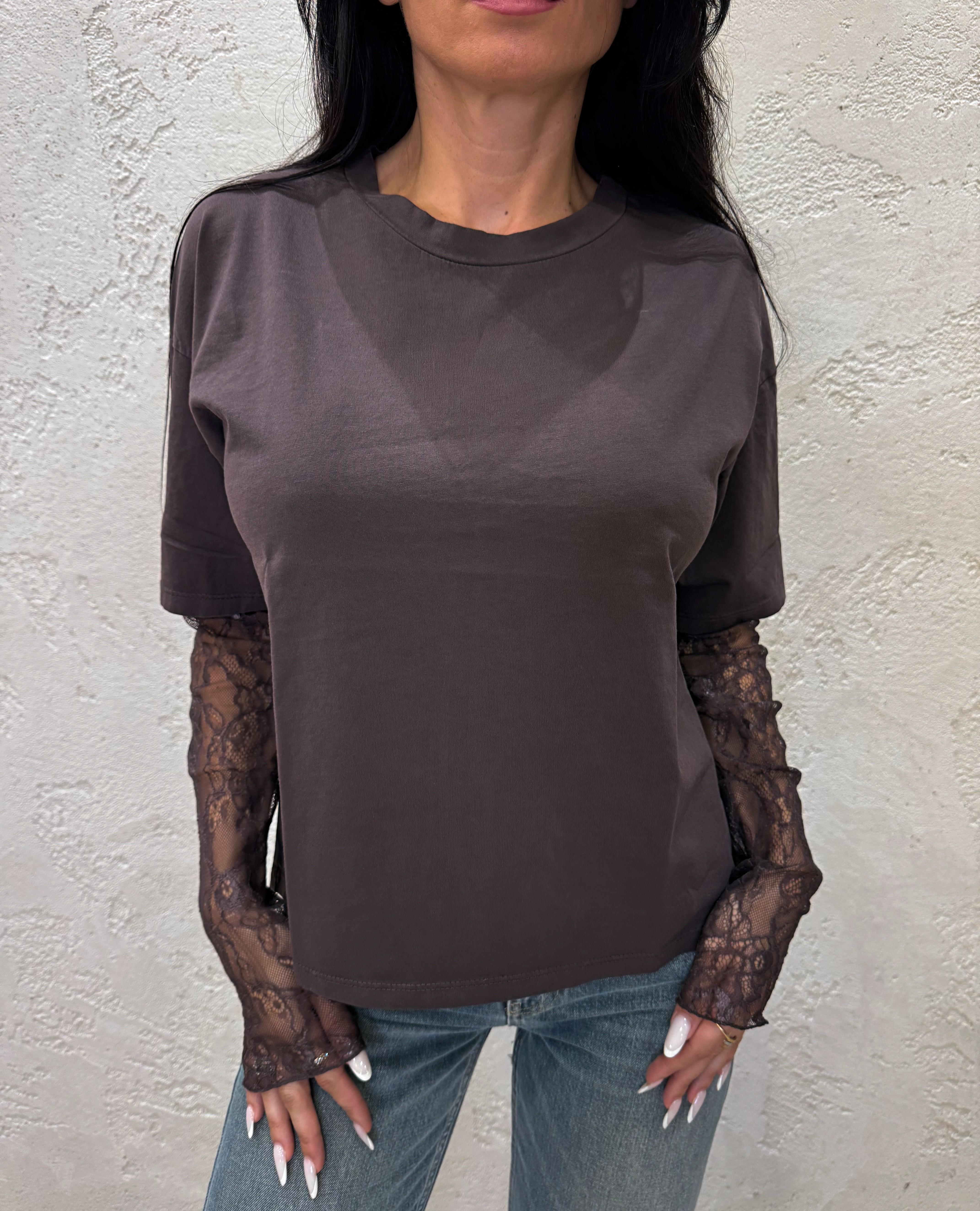 t-shirt con maniche in pizzo 11073 MORO SUSY MIX 