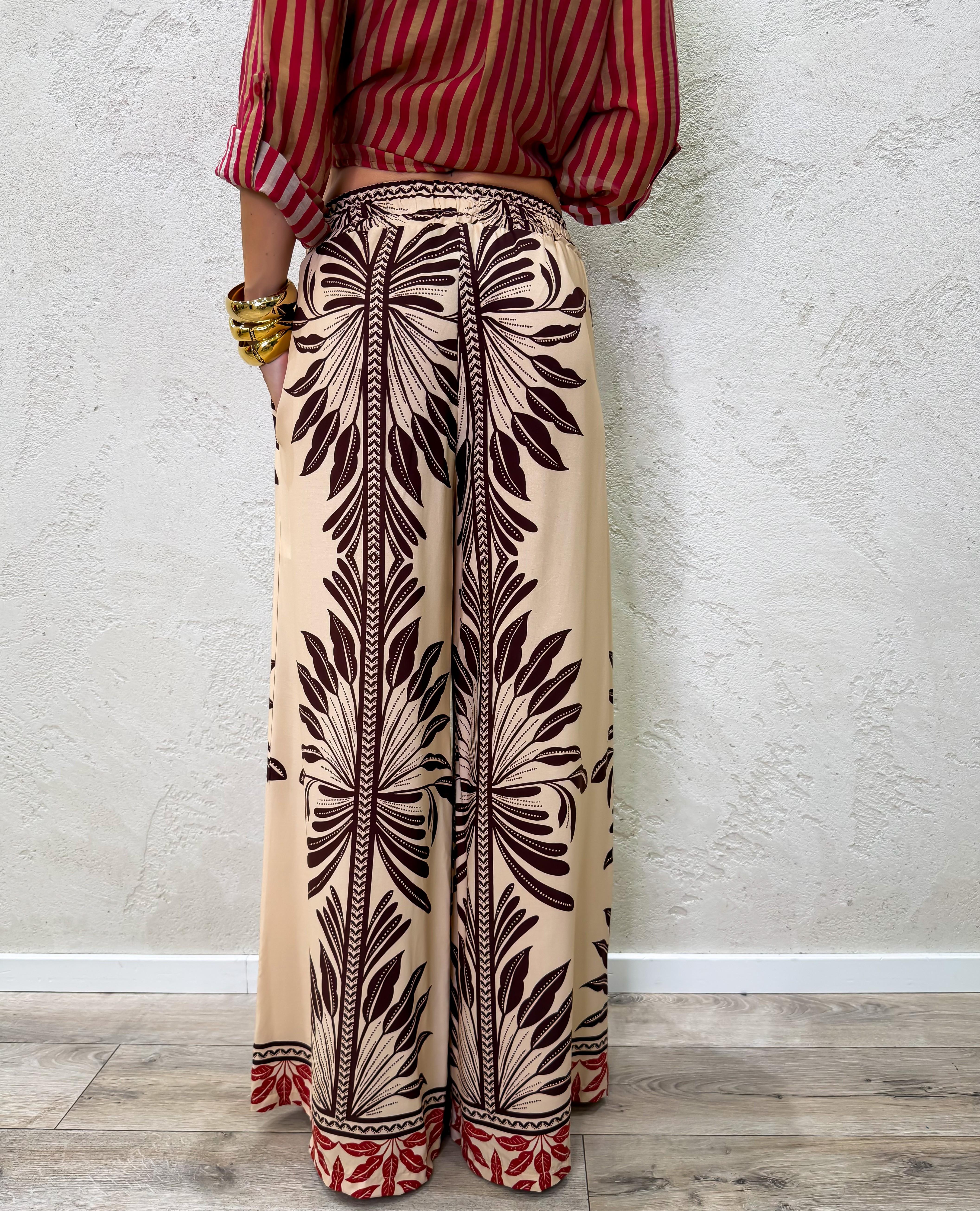 pantalone a palazzo in 100% viscosa fantasia PMA-Q676 BEIGE/MORO HAVEONE 