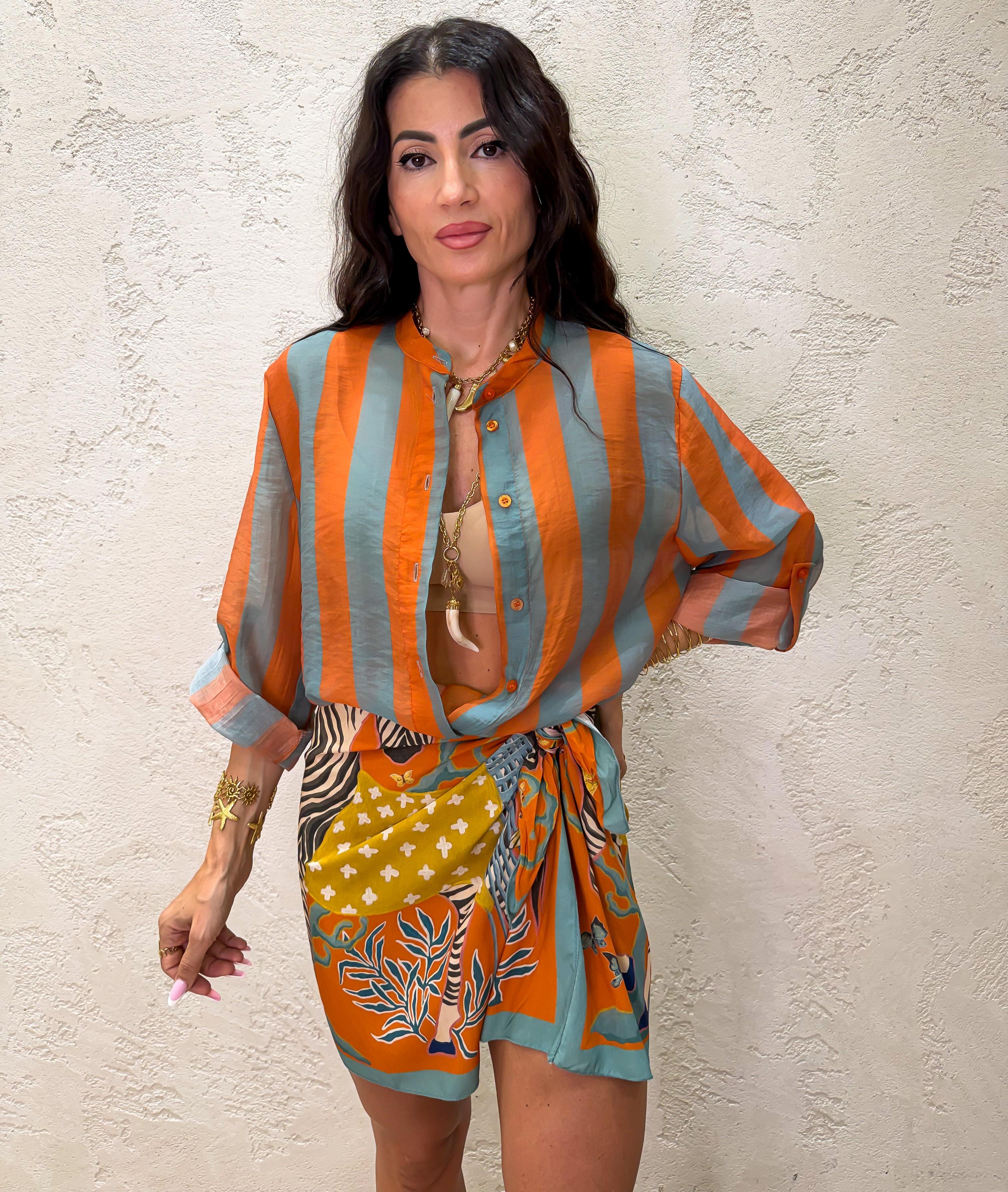 camicia a righe effetto vedo non vedo CVS-Q422 ZUCCHERO/ARANCIONE HAVEONE 