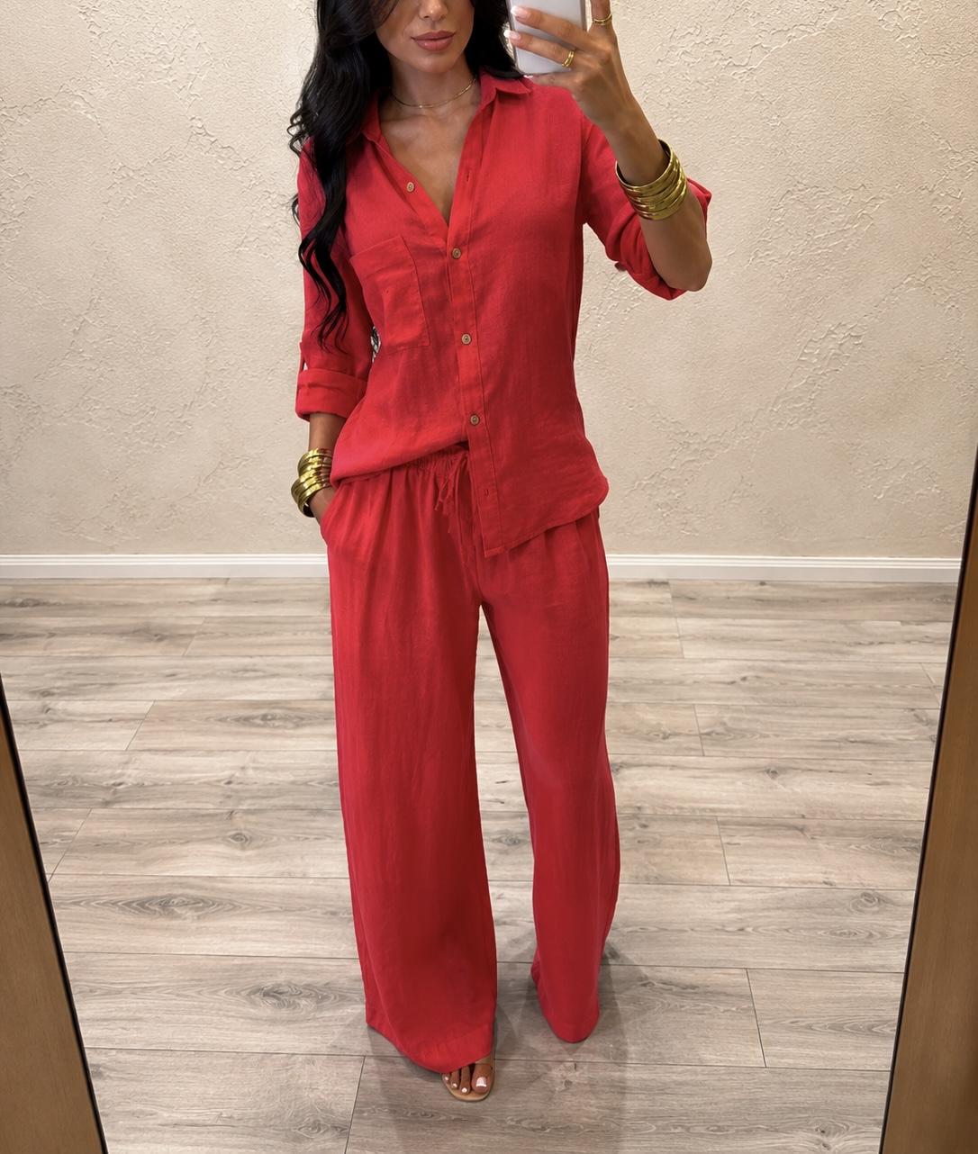 pantalone "ARIA" a palazzo in 100% lino H5944 CORALLO ELEVI 