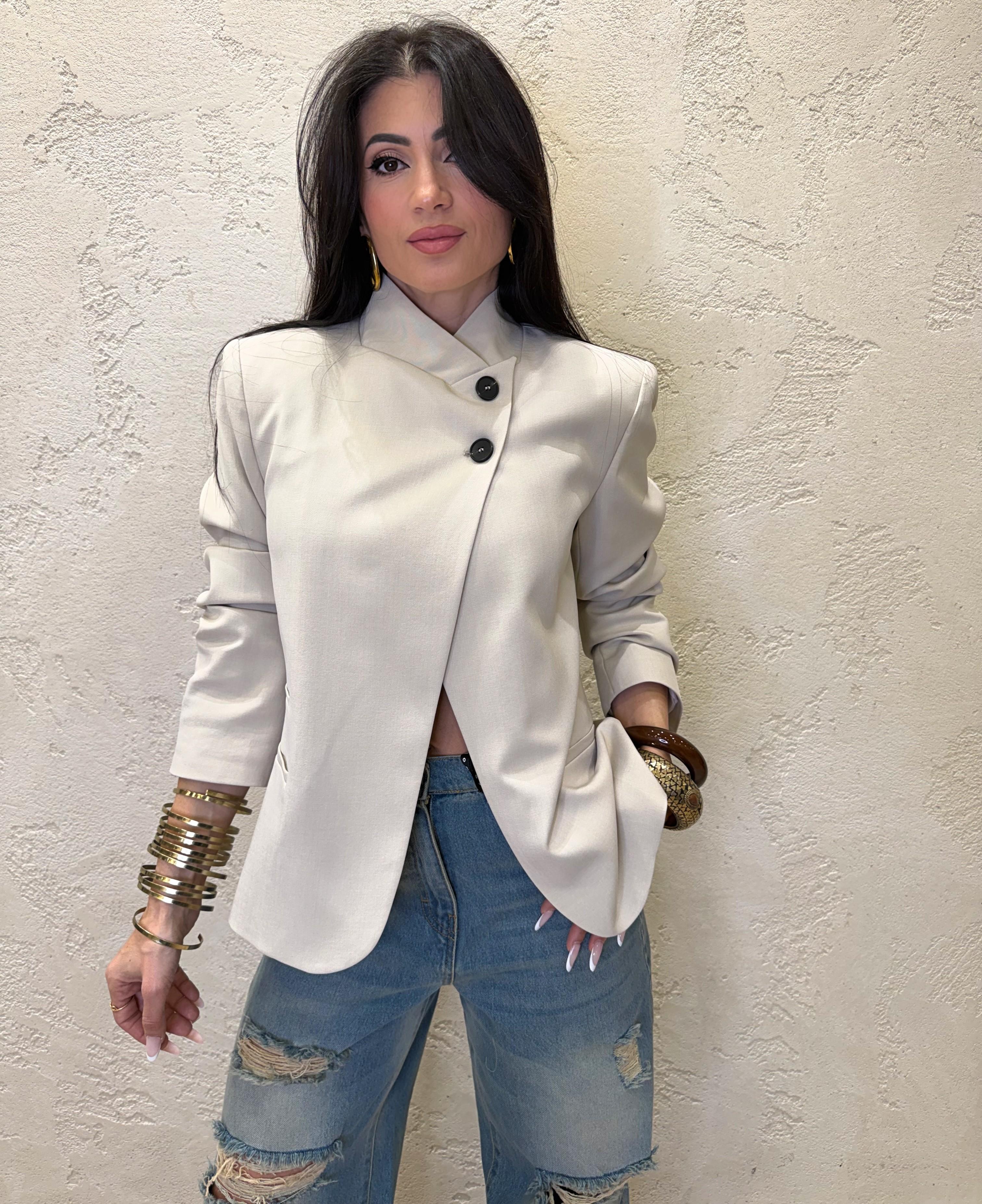 giacca con collo alla coreana e chiusura asimmetrica JMN-Q090 BEIGE HAVEONE 