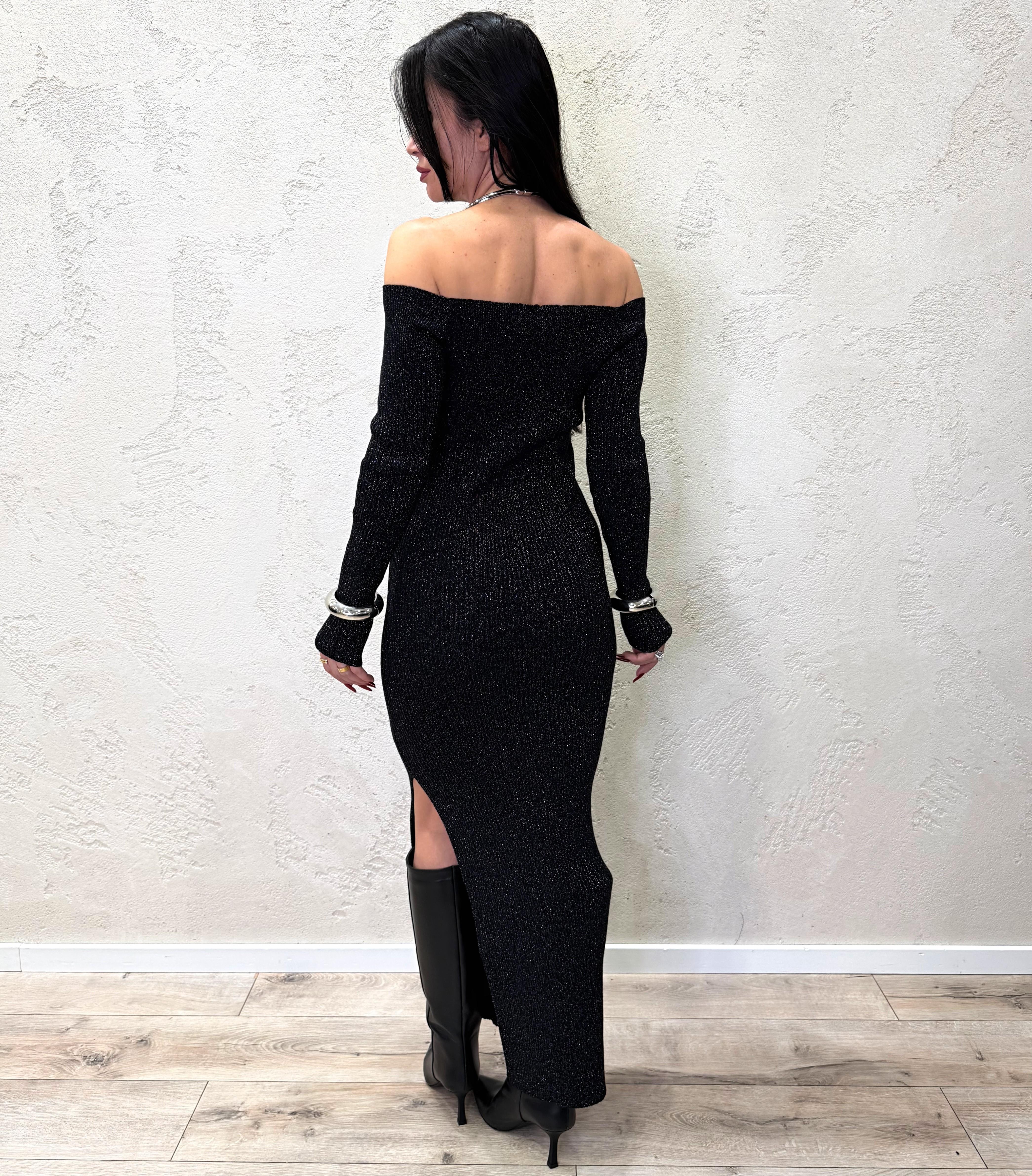 abito lungo in maglia lurex scollo schiffer con spacco ANC-P081 NERO HAVEONE 