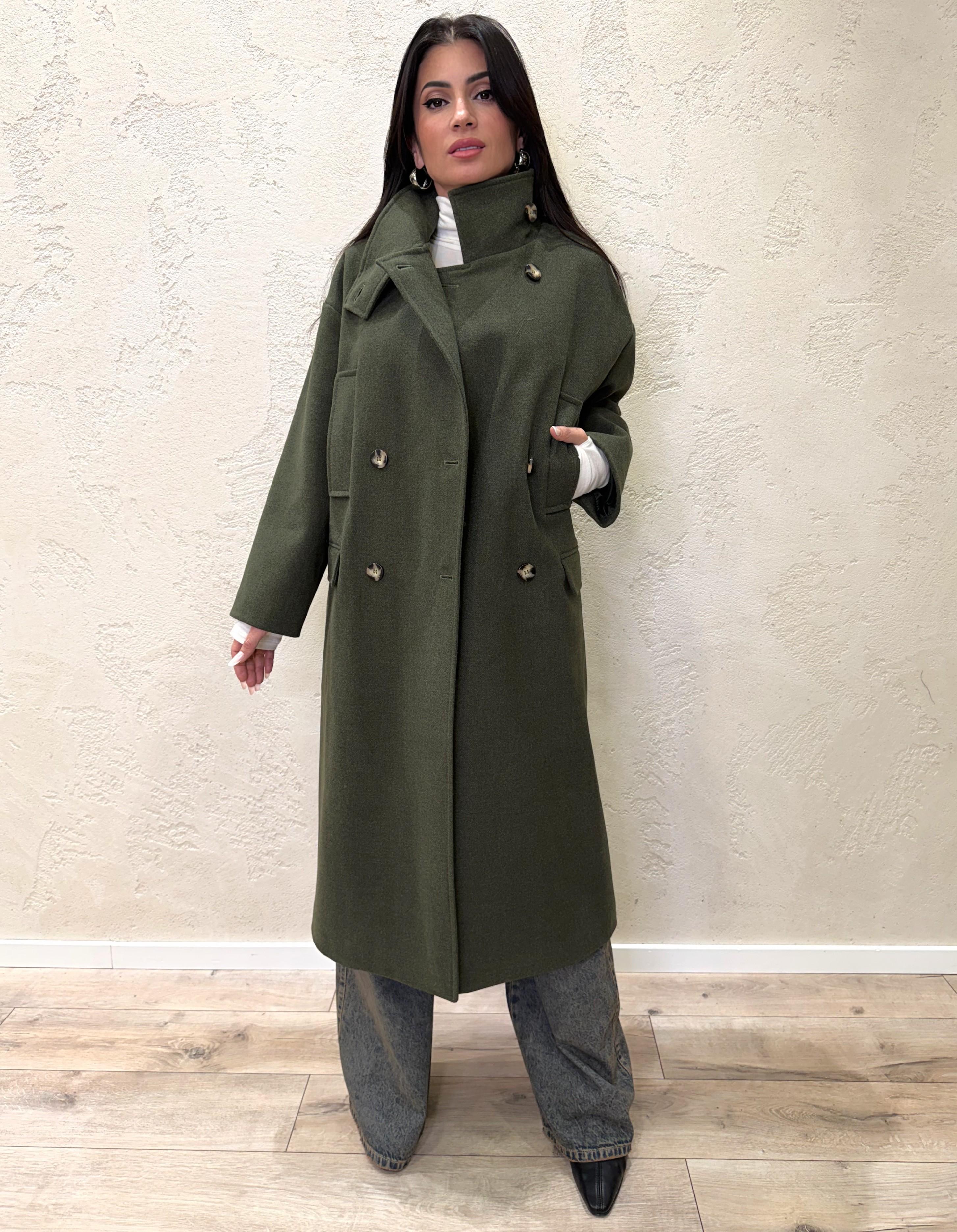 cappotto lungo over misto lana collo alto TF1795 VERDE ARMY VICOLO 