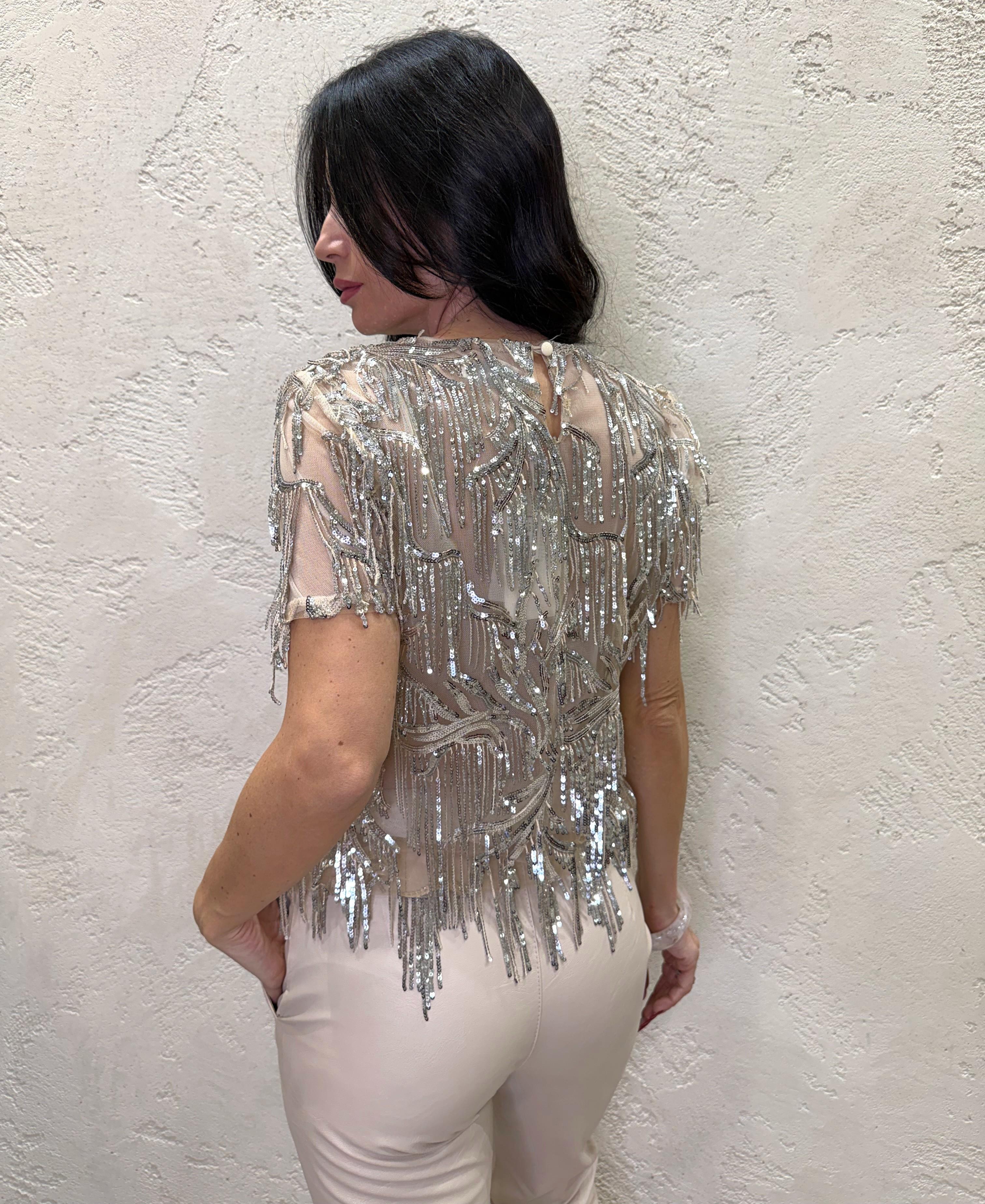 Blusa manica corta con frange in pailettes W25TC47 BURRO MOTEL 