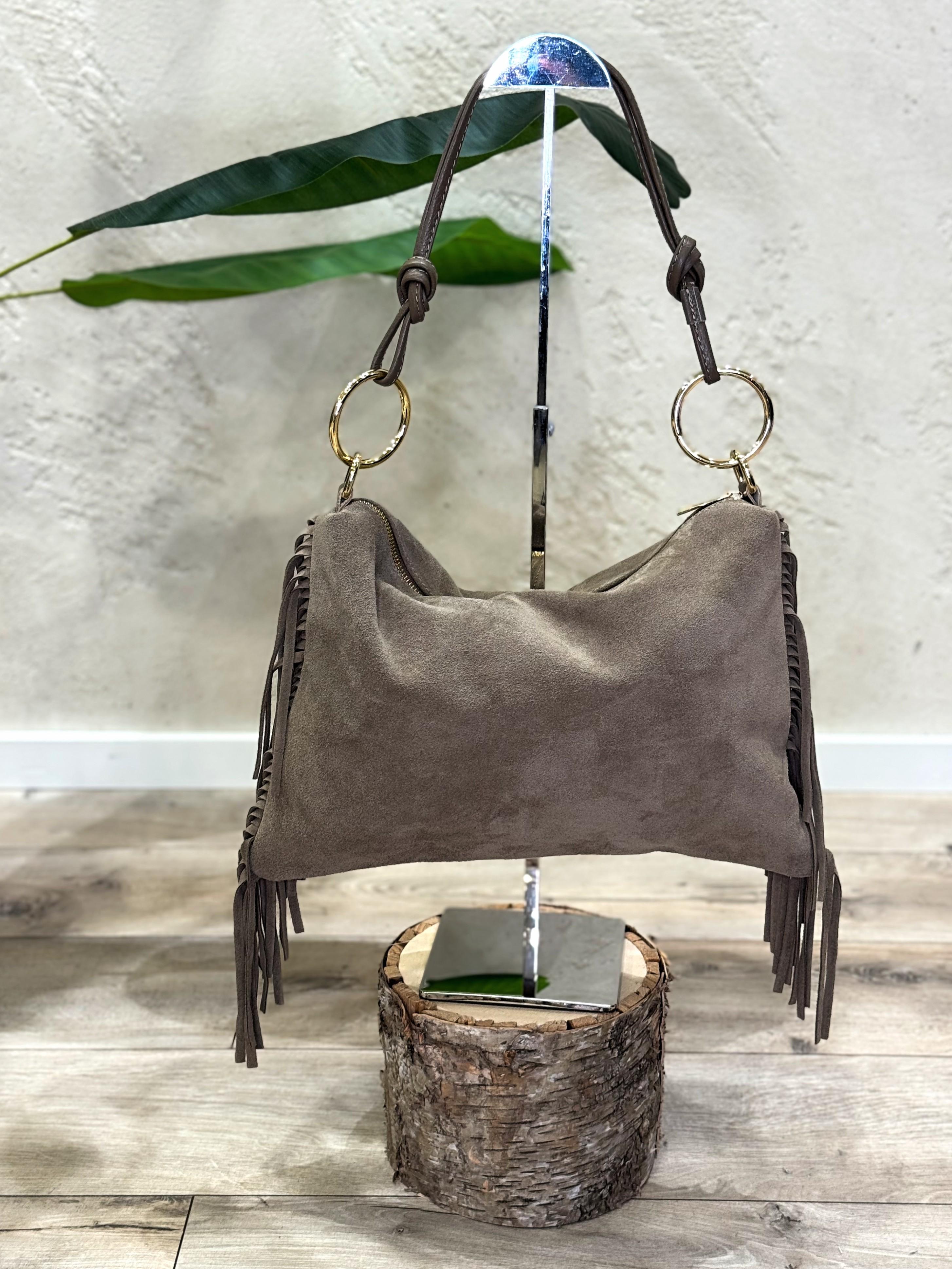 borsa in vera pelle scamosciata con frange BORSCAFRA TORTORA ELEVI 