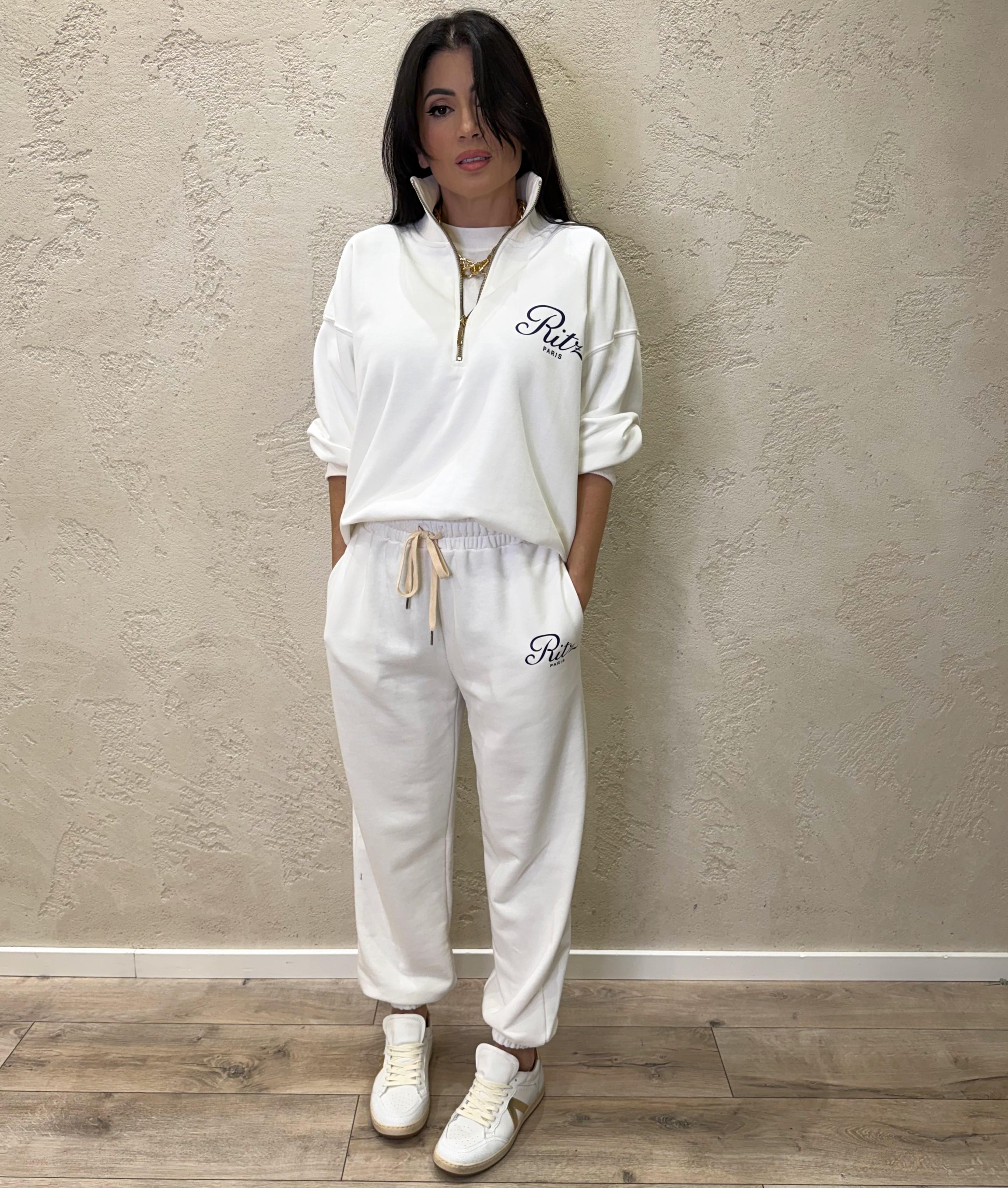 felpa garzata over con mezza zip e stampa 26M3979 PANNA/BLU TENSIONE IN 