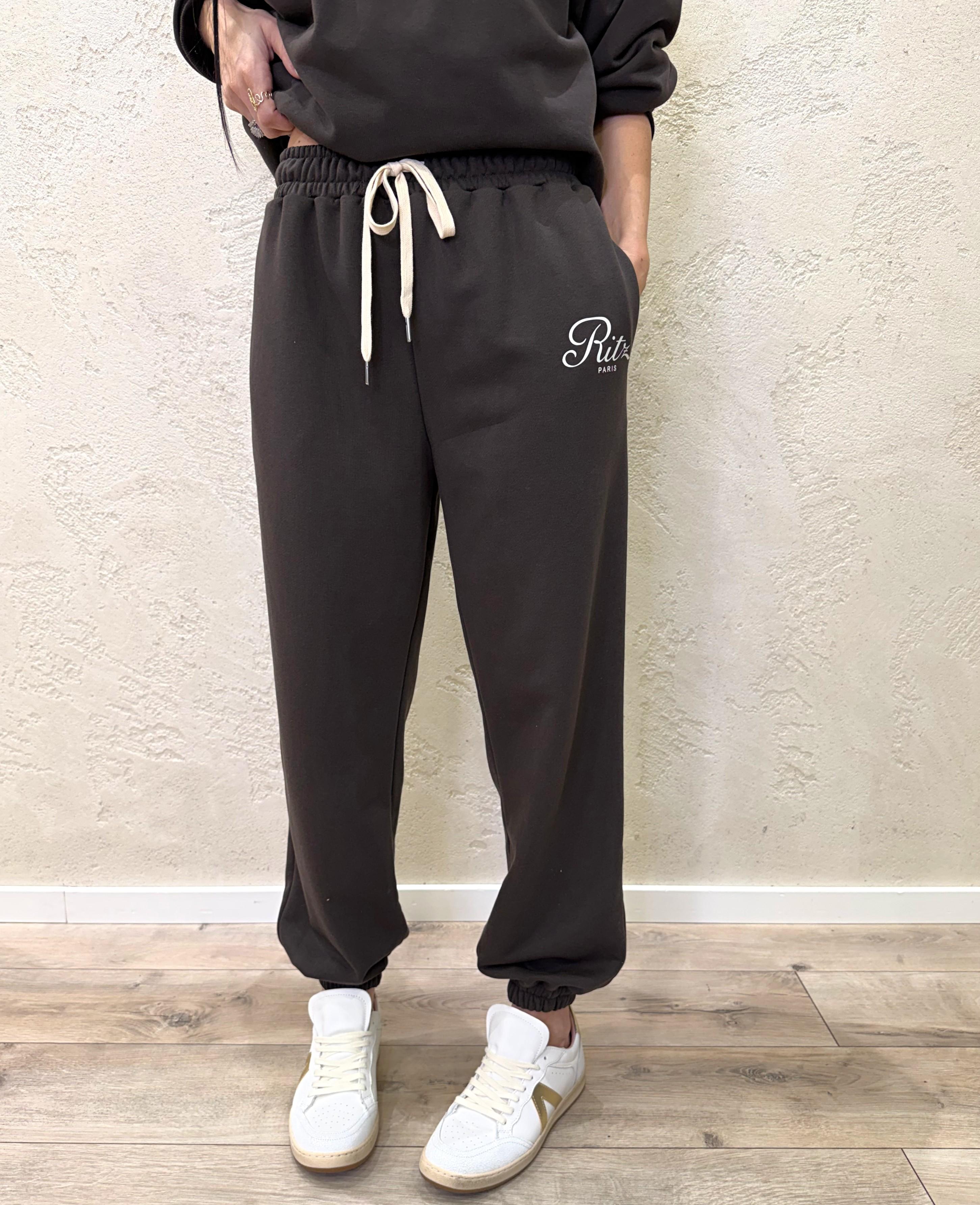 pantaloni di tuta garzata con stampa e polsini sul fondo 26P3971 MORO/PANNA TENSIONE IN 