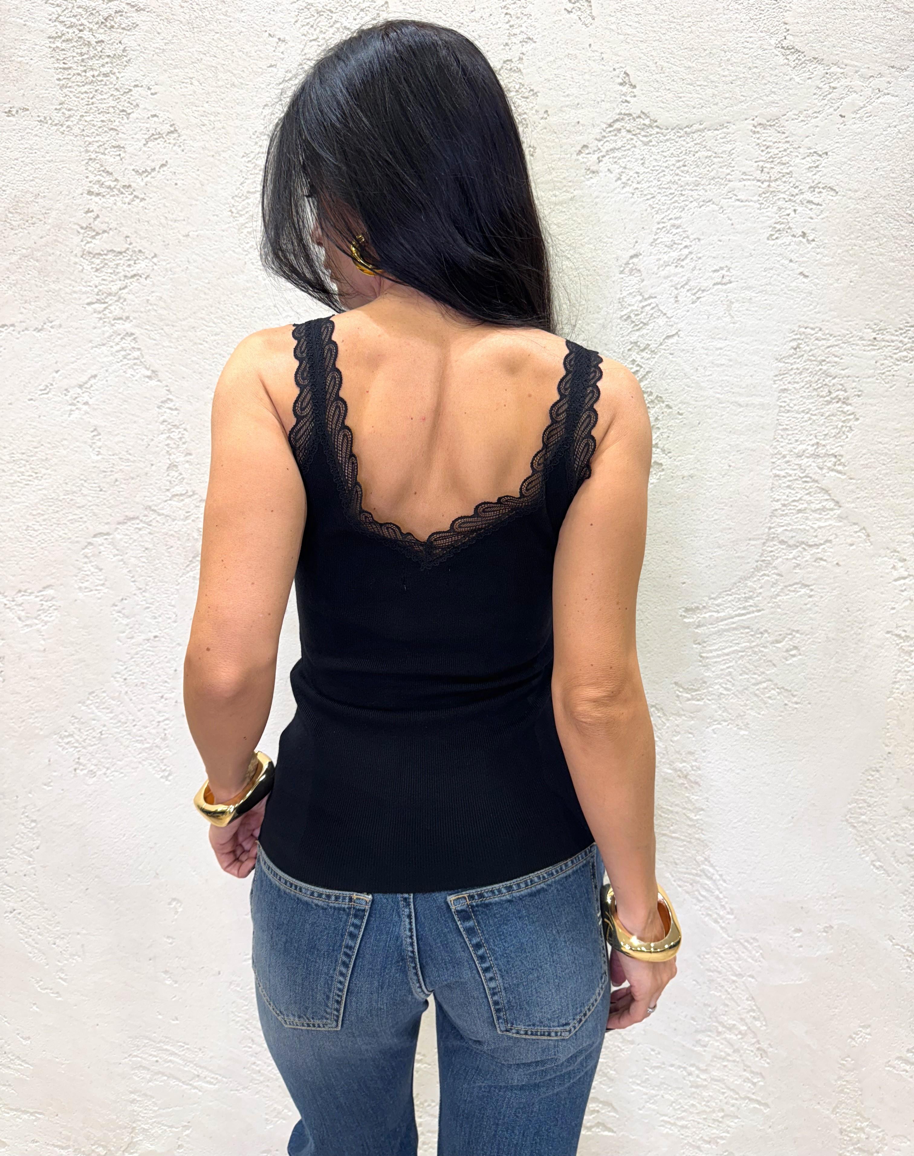canotta a costine con scollo a v e orlo in pizzo 80571 NERO SUSY MIX 