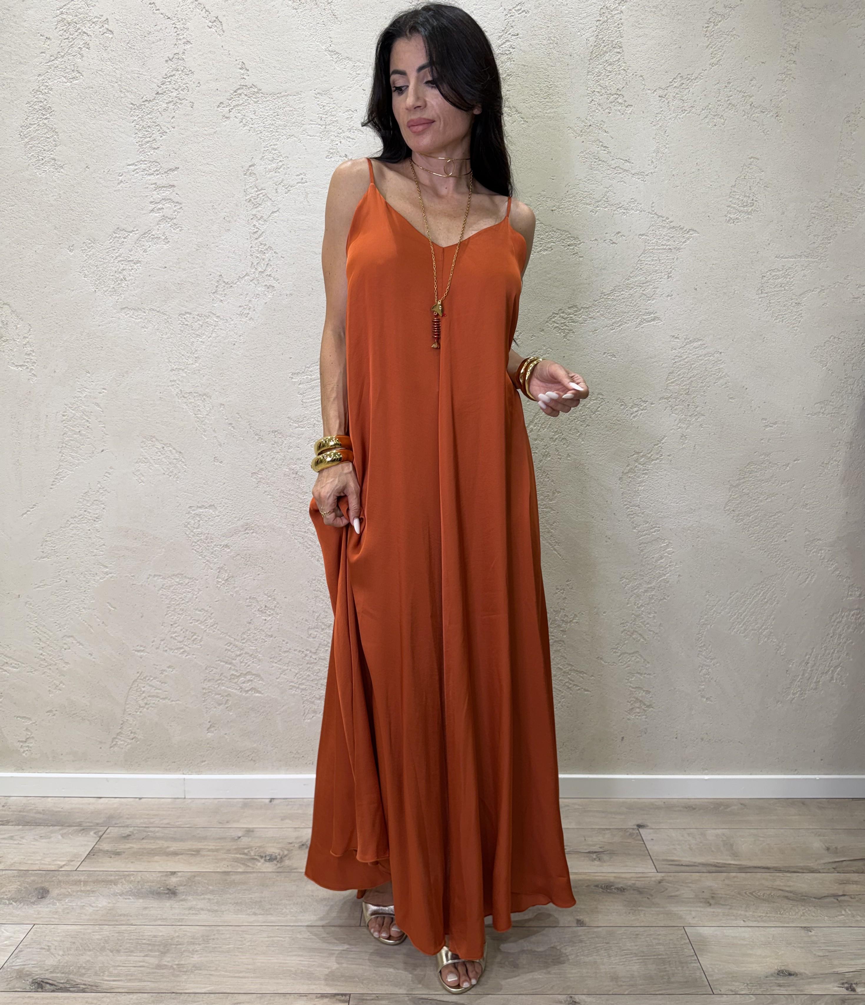 abito svasato in satin scollo a v TAB2587 PAPAYA VICOLO 