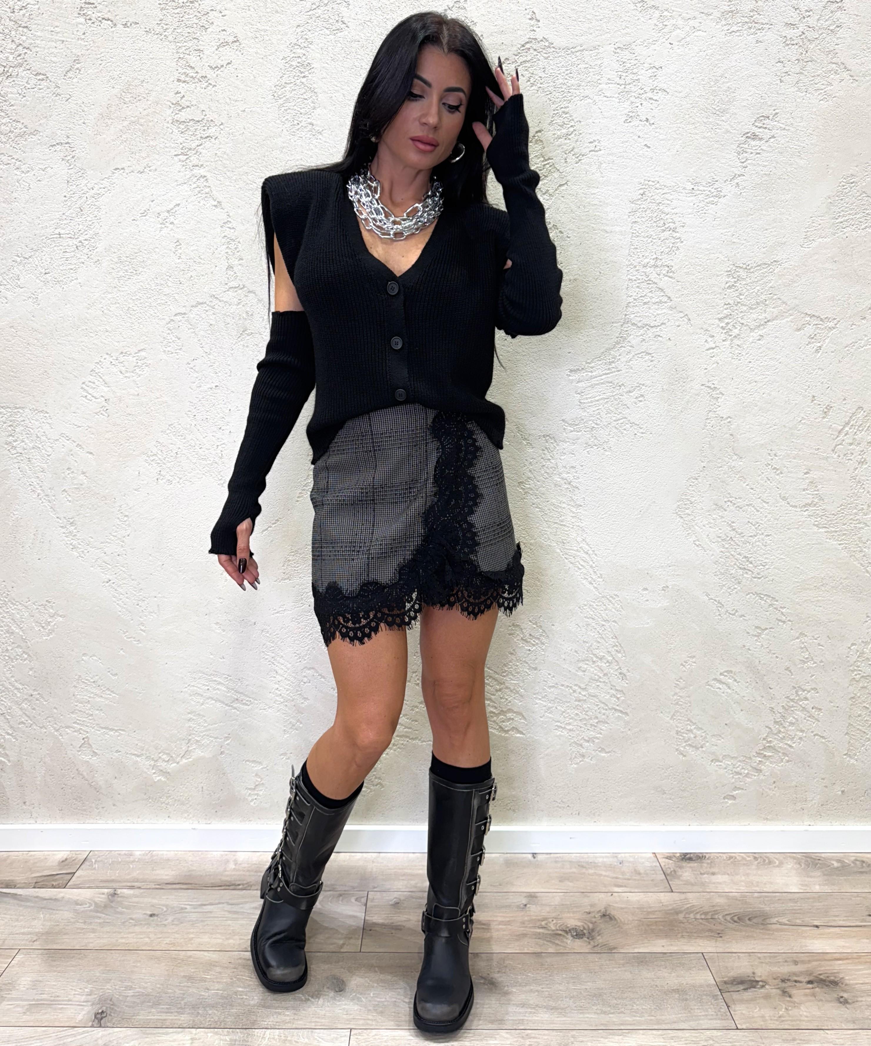 gonna mini in pied de poule con inserti in pizzo W25G600 GRIGIO MOTEL 