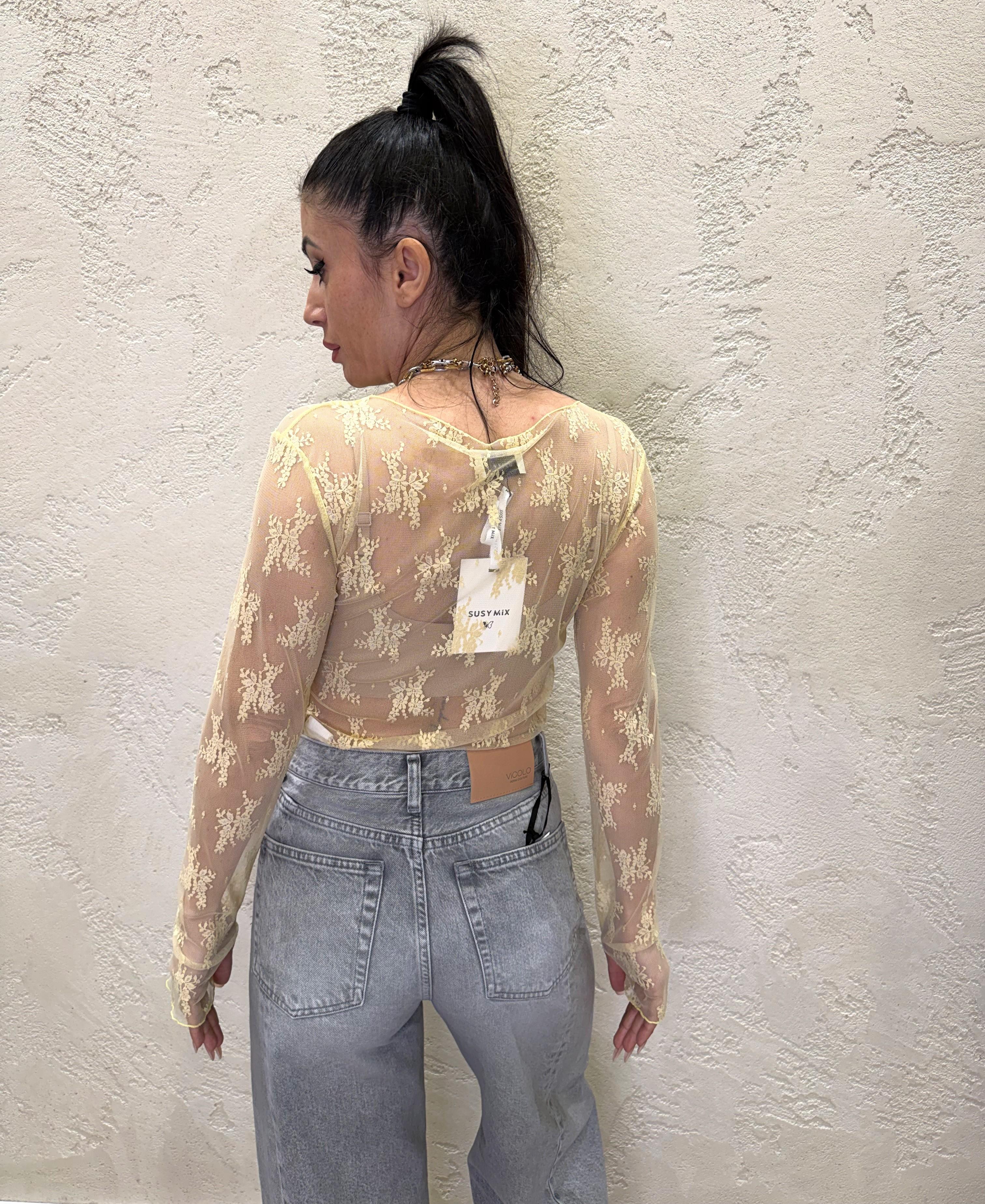 maglia in pizzo con scollo a barca e manicotti 10997 GIALLO SUSY MIX 