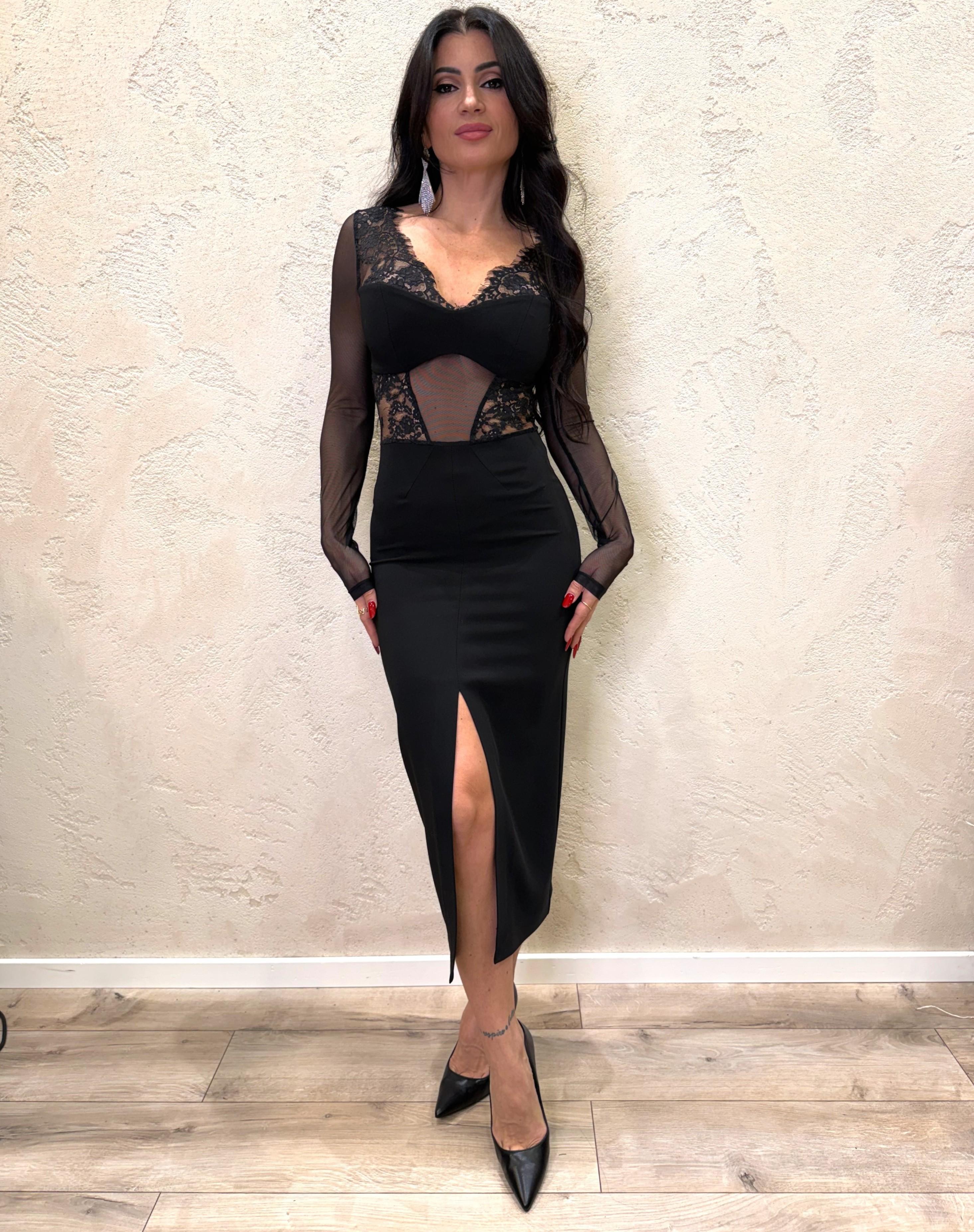 abito lungo con inserti in pizzo e tulle AFTRKKP NERO IMPERIAL 