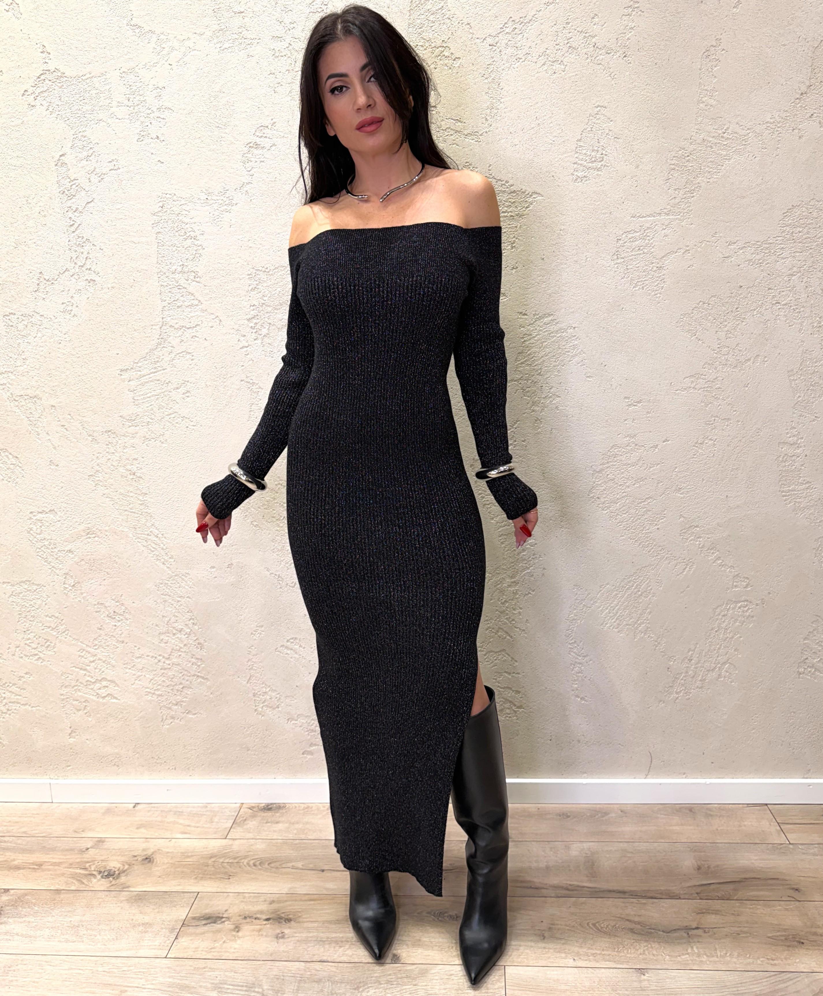 abito lungo in maglia lurex scollo schiffer con spacco ANC-P081 NERO HAVEONE 