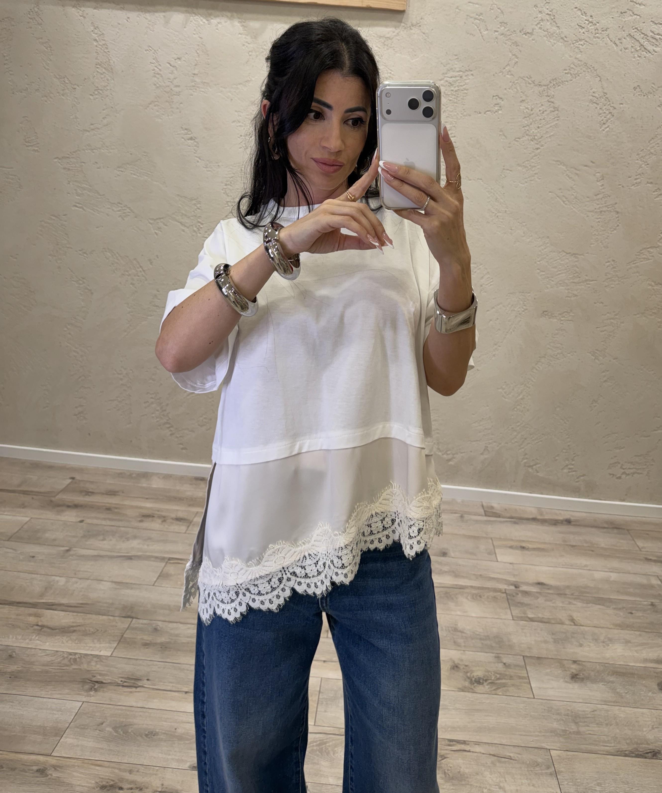 t-shirt a scatoletta con inserto satin e pizzo T262A082 PANNA DIXIE 