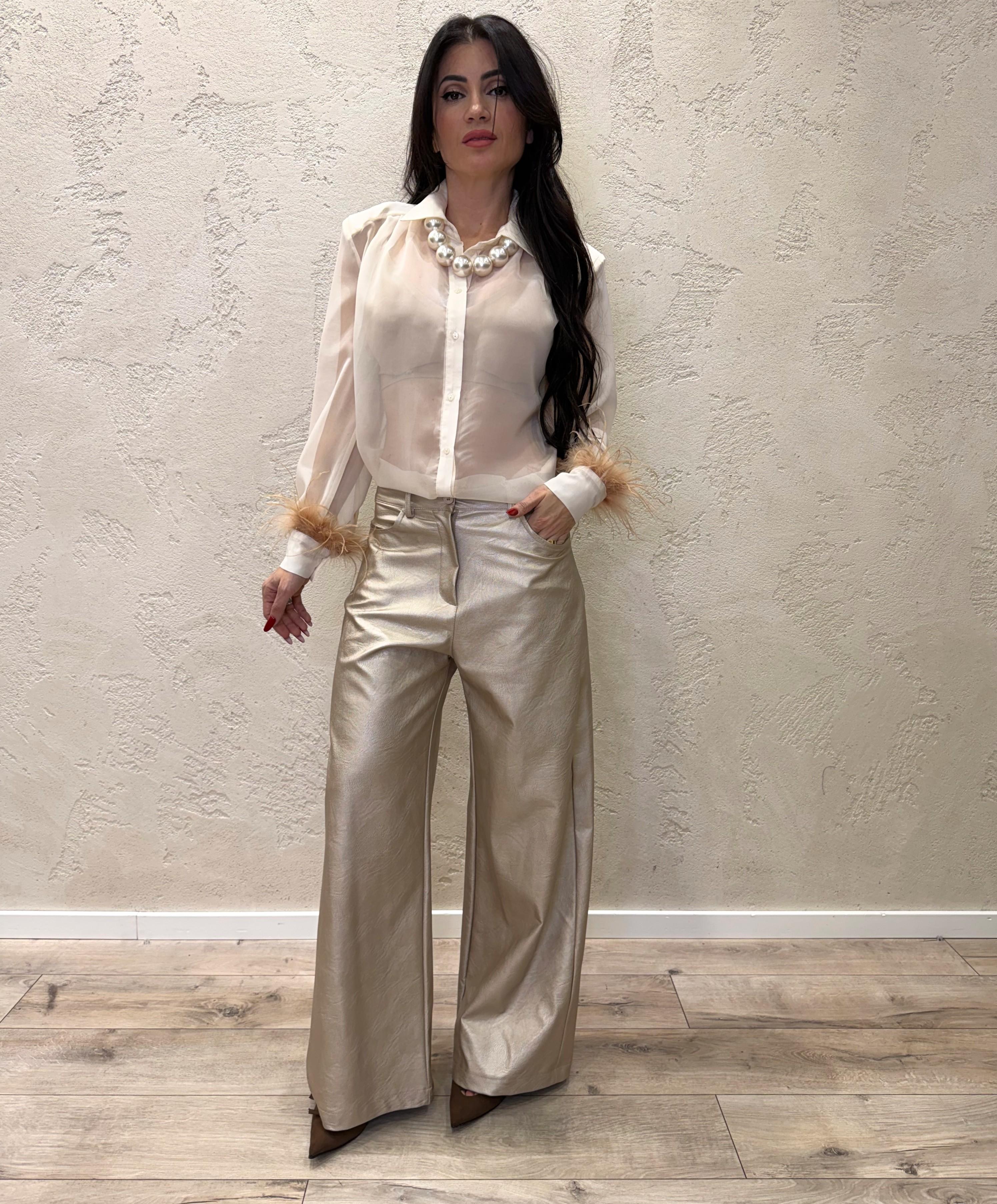 camicia in chiffon con piume C50402MO PANNA MOTEL 