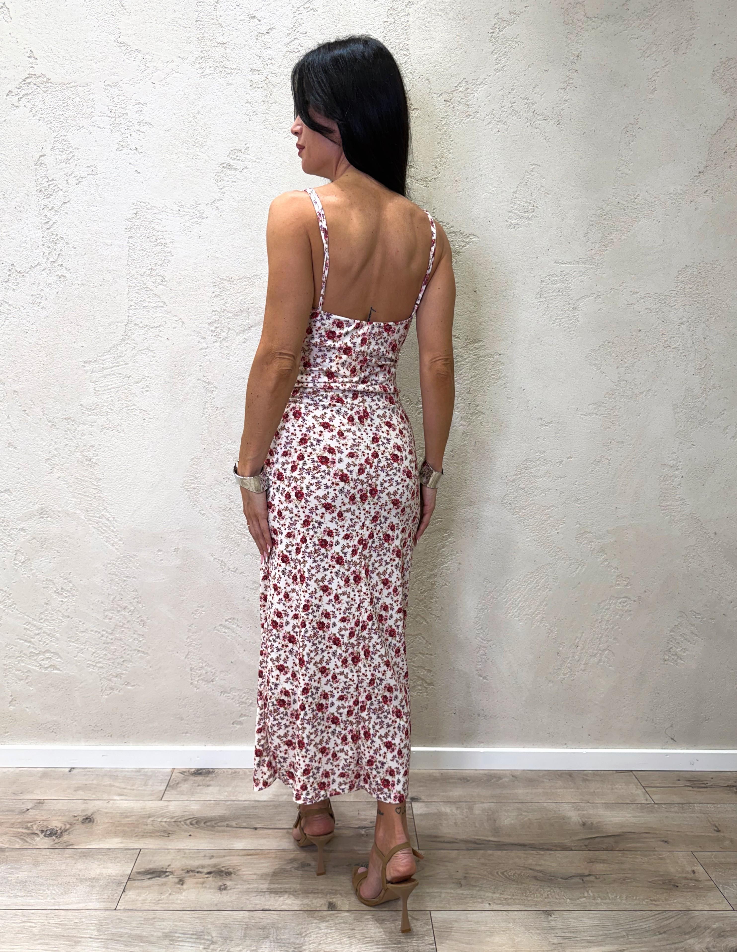 abito lungo "margaritas" a fiori con spalline sottili e dettaglio di arricciatura TAB2185 ROSEVINTAGE VICOLO 