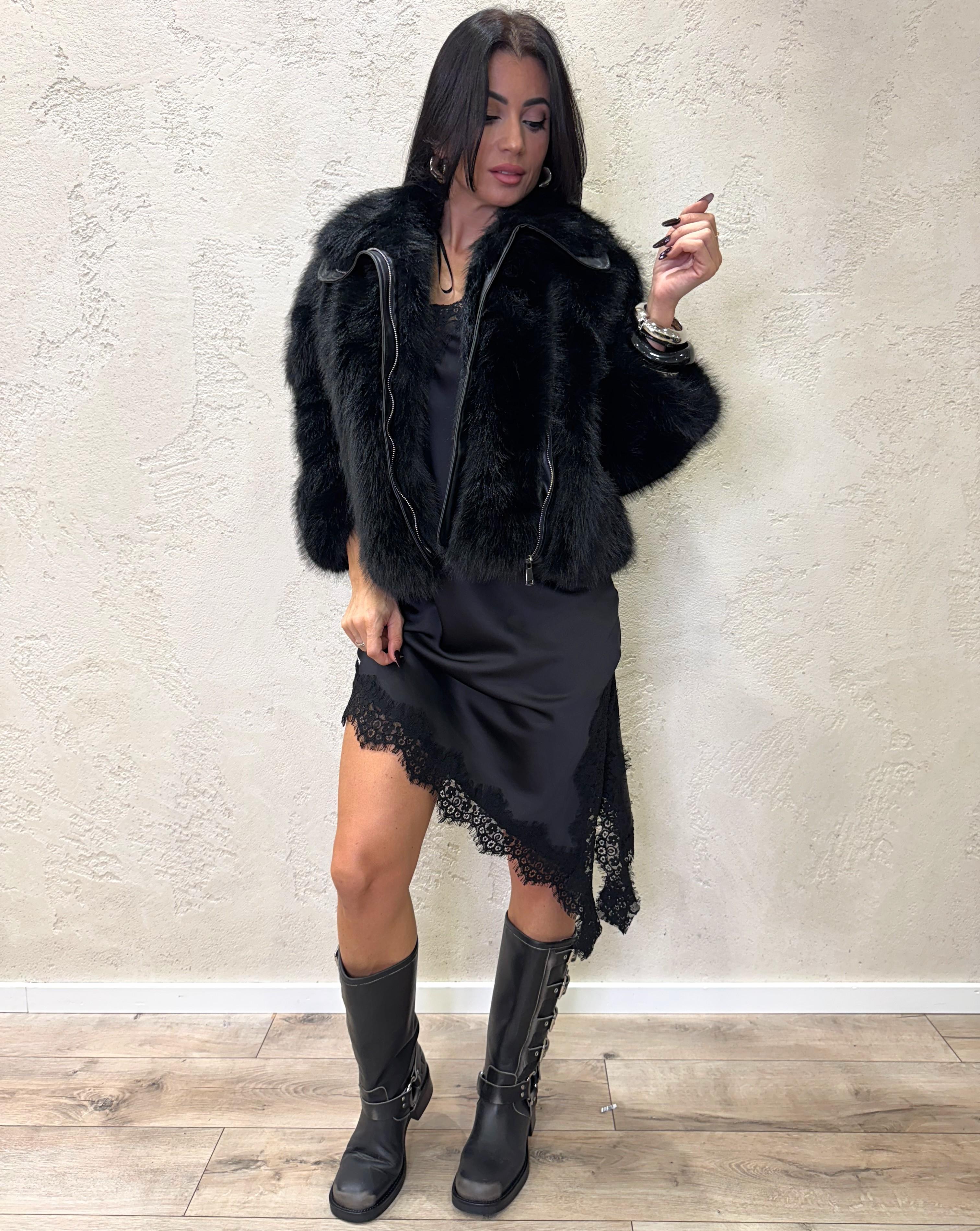 chiodo in ecopelliccia con inserti in ecopelle 250201 NERO SUSY MIX 