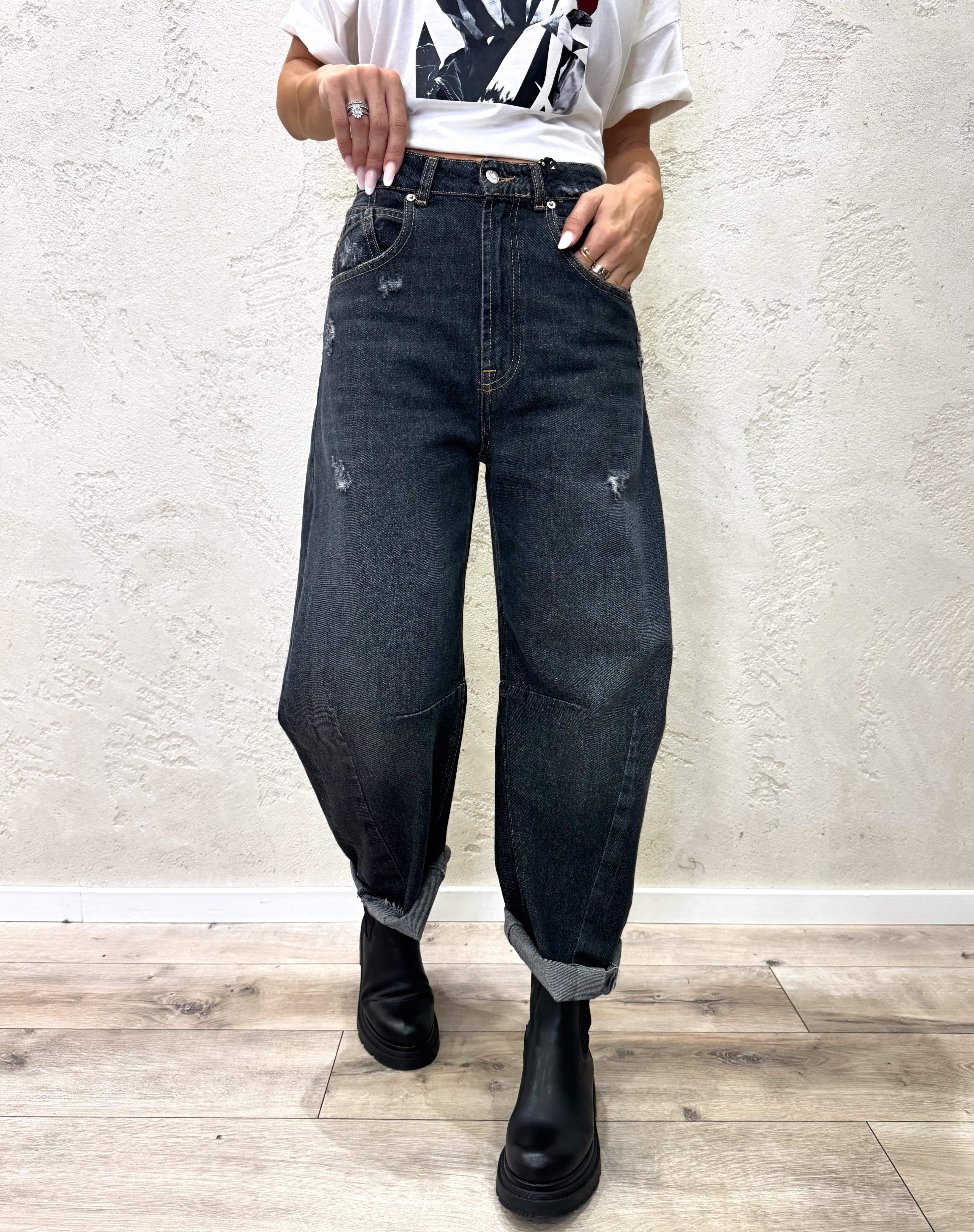 jeans modello barbara a ferro di cavallo con rotture PFA-P047 NEROSLAVATO HAVEONE 