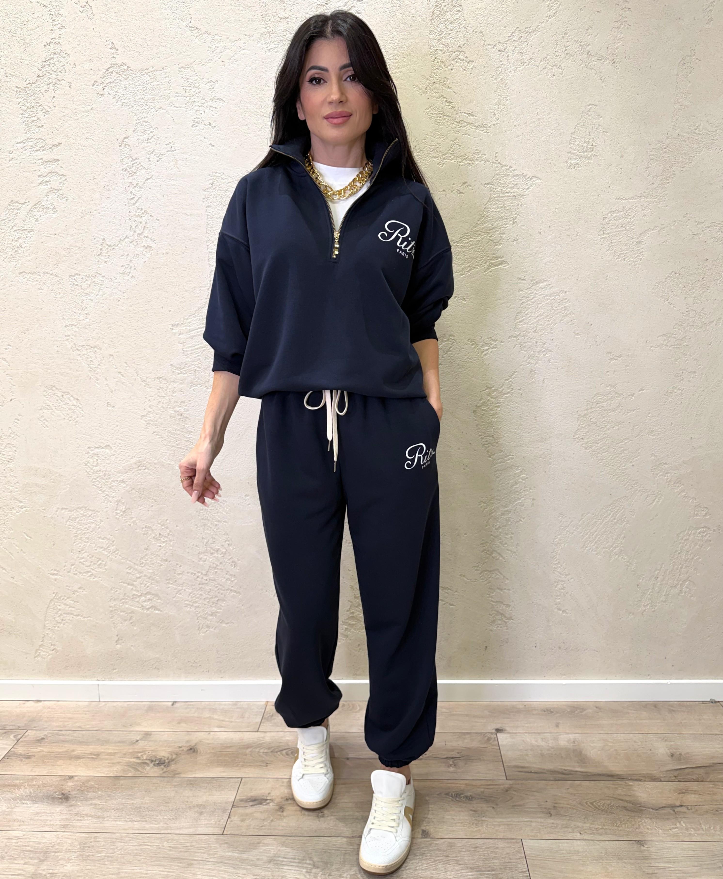 felpa garzata over con mezza zip e stampa 26M3979 BLU/PANNA TENSIONE IN 