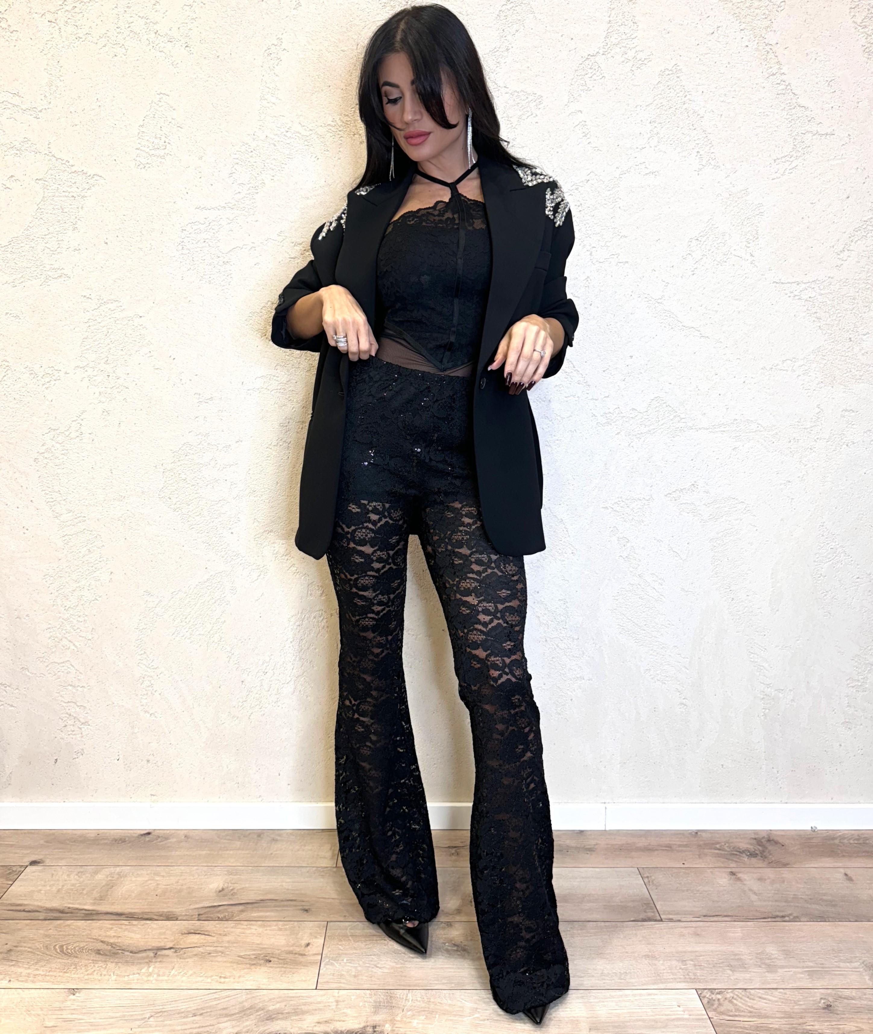 pantaloni a zampa in pizzo e paillettes TS1417 NERO VICOLO 