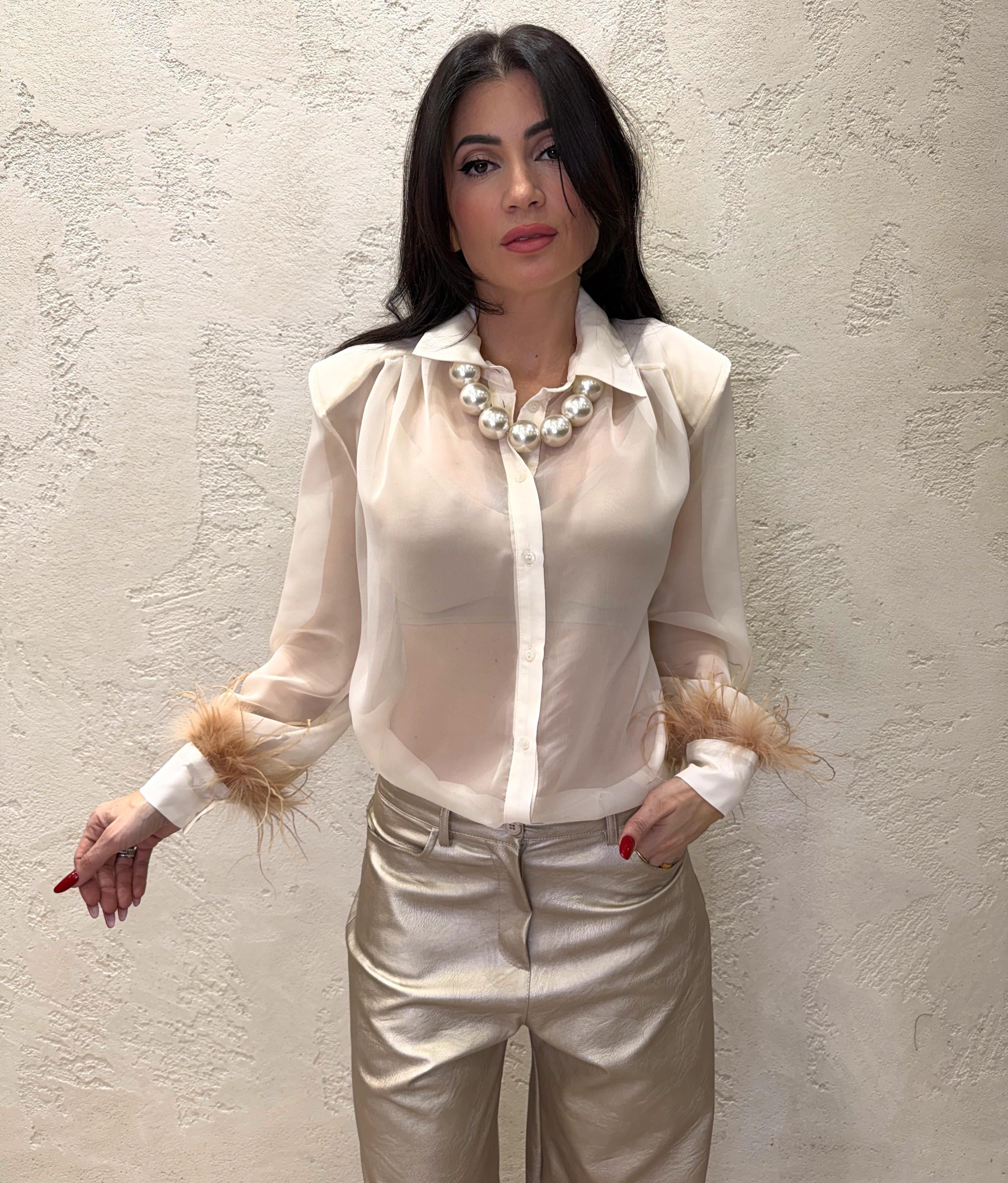 camicia in chiffon con piume C50402MO PANNA MOTEL 