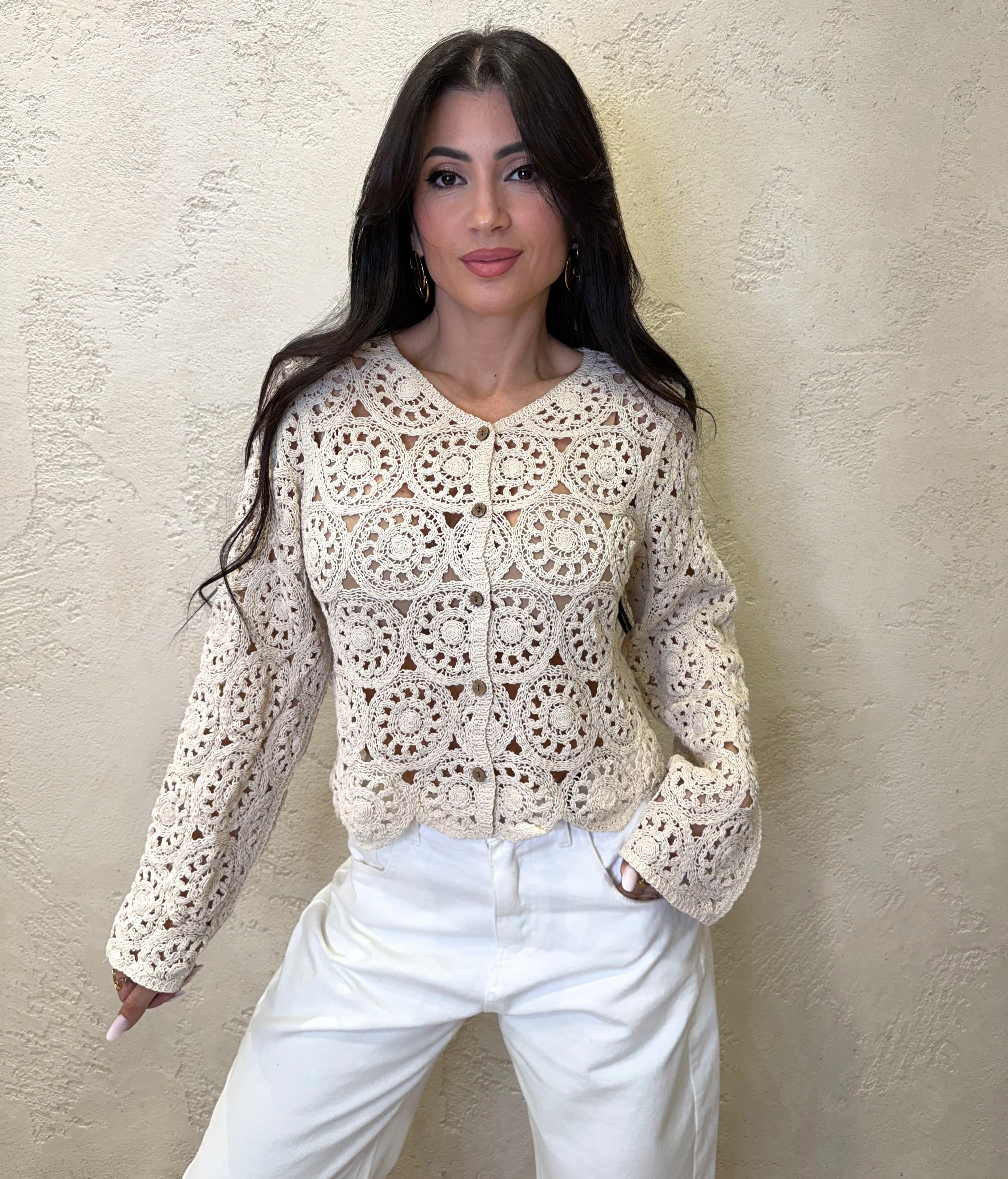 cardigan in crochet con bottoni in legno 2628005 LATTE SUSY MIX 