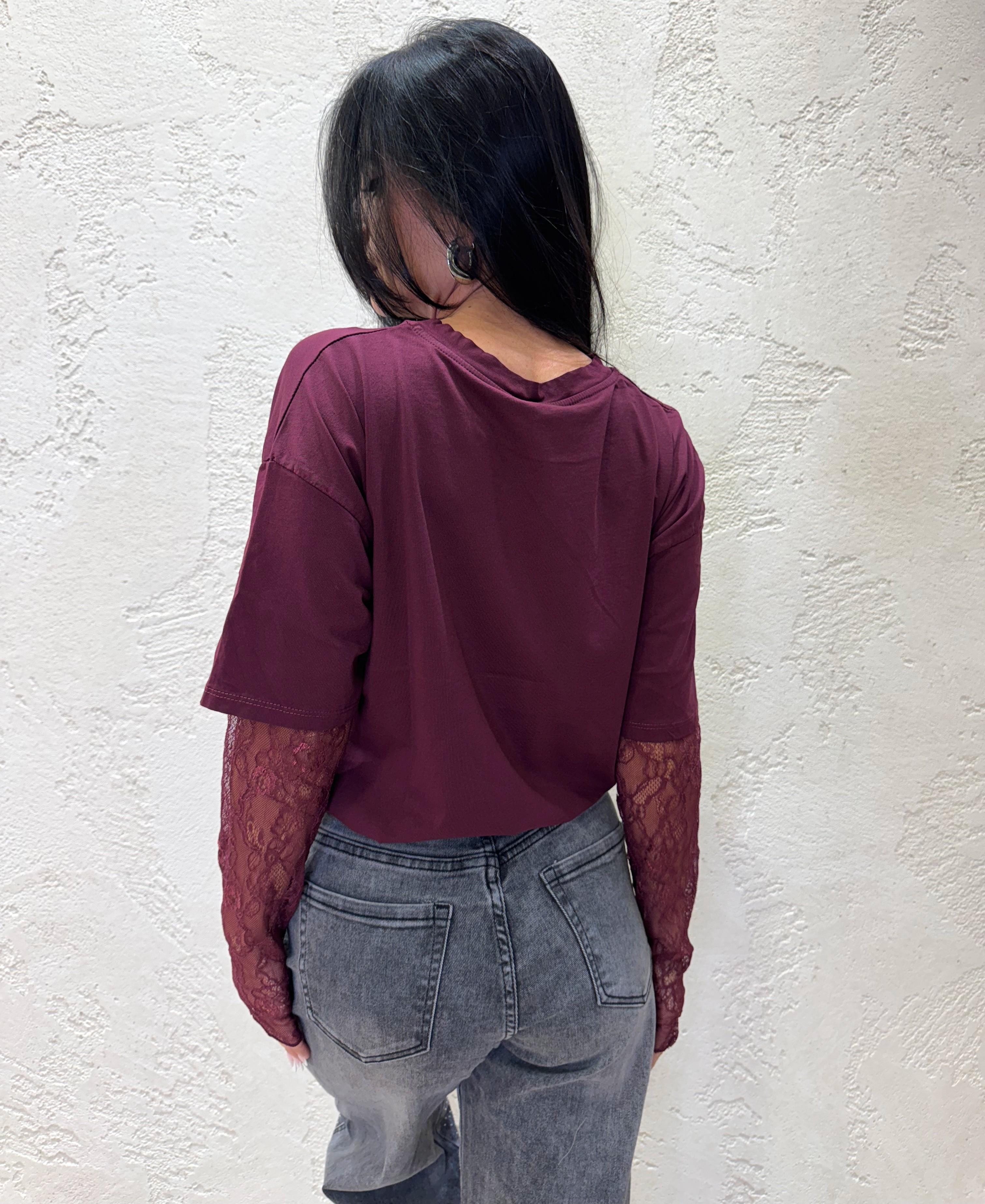 t-shirt con maniche in pizzo 11073 VINO SUSY MIX 