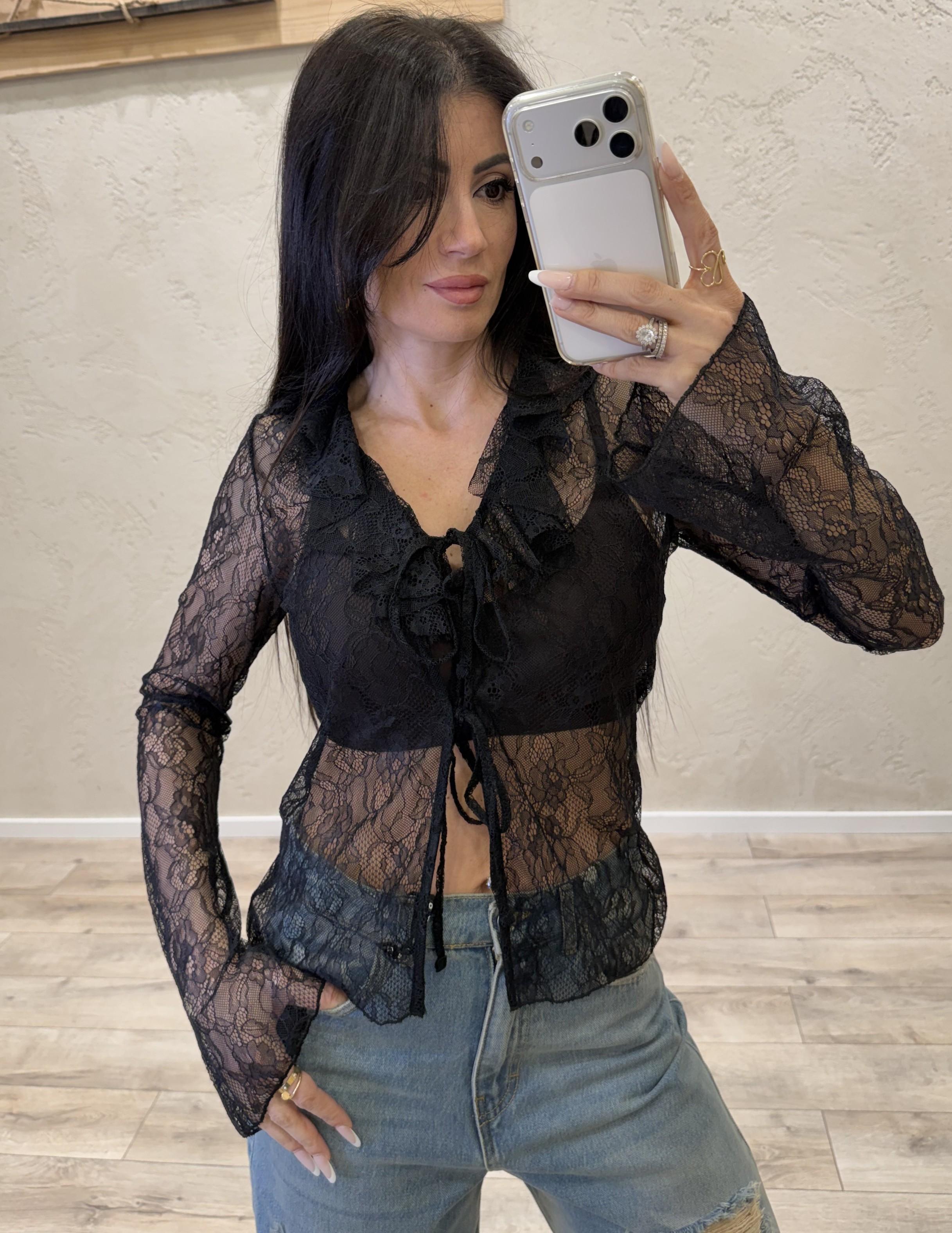 blusa in pizzo con lacci frontali TAB1521 NERO VICOLO 