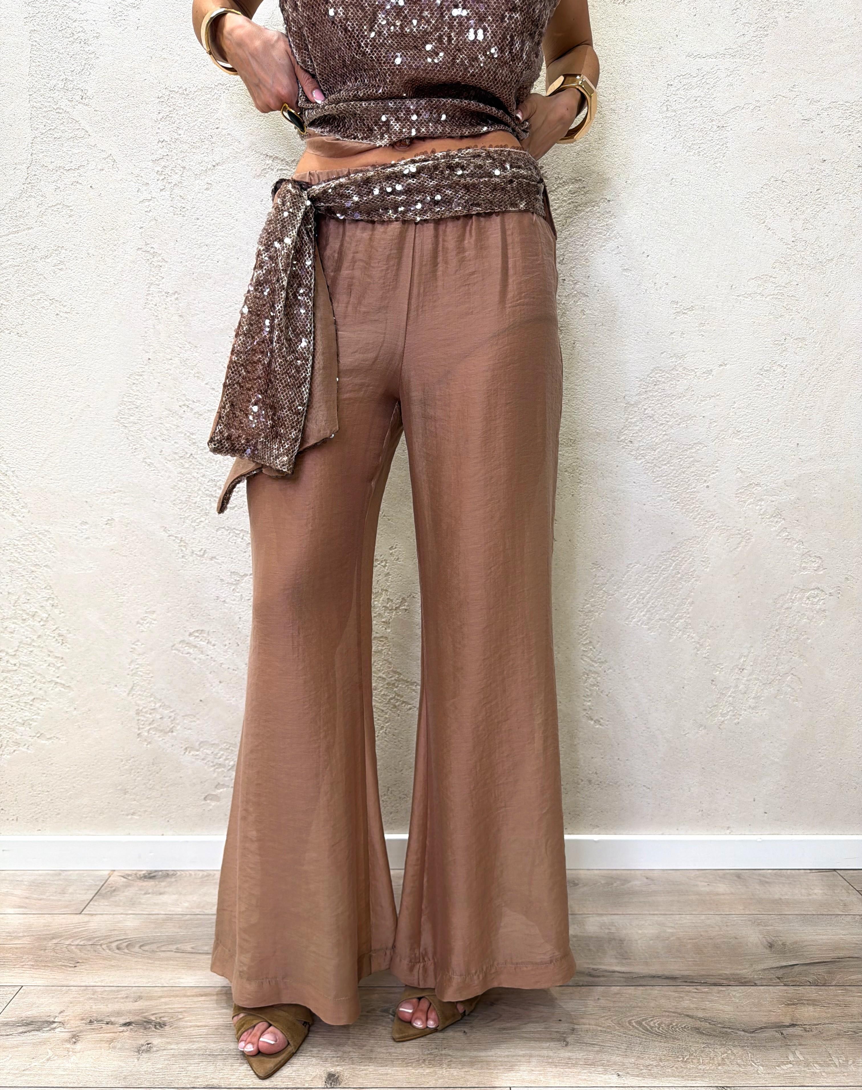pantalone a palazzo in lyocell con fusciacca in paillettes PVS-Q512 CAMMELLO HAVEONE 