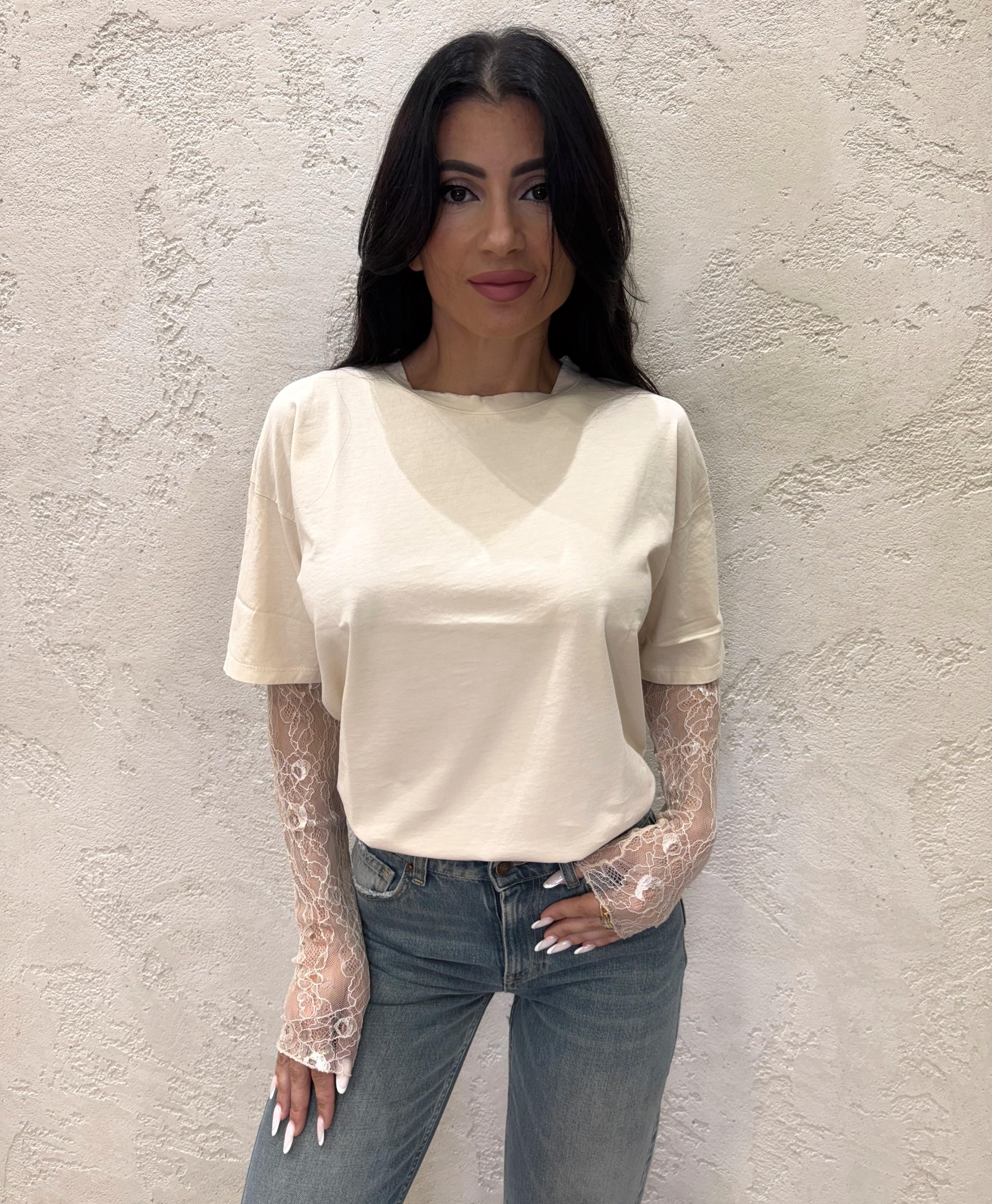 t-shirt con maniche in pizzo 11073 BEIGE SUSY MIX 