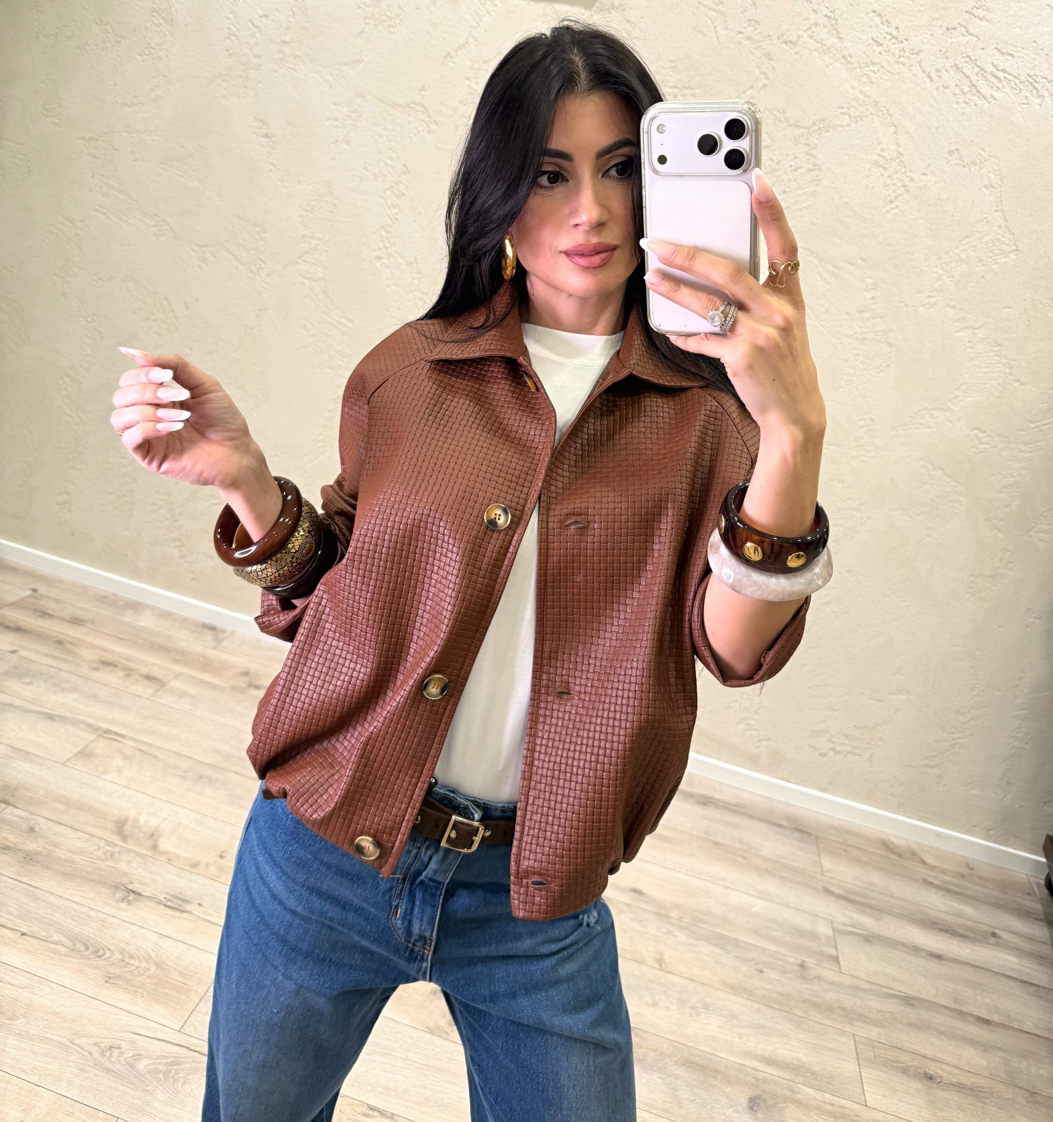 bomber in ecopelle con texture intreccio KNO-Q056 BRUCIATO HAVEONE 