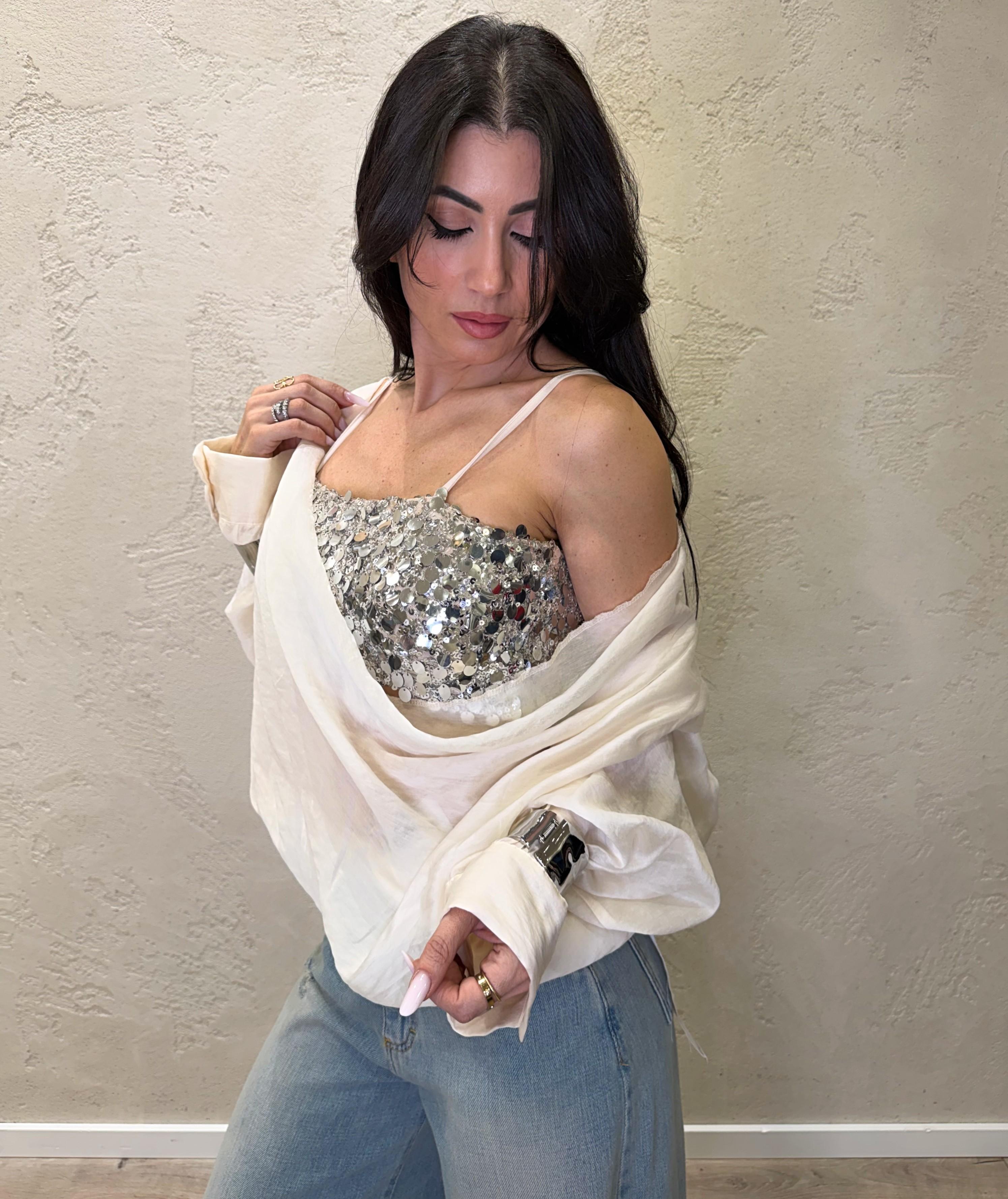 blusa morbida con top a fascia in pailettes CVS-Q071 BURRO HAVEONE 