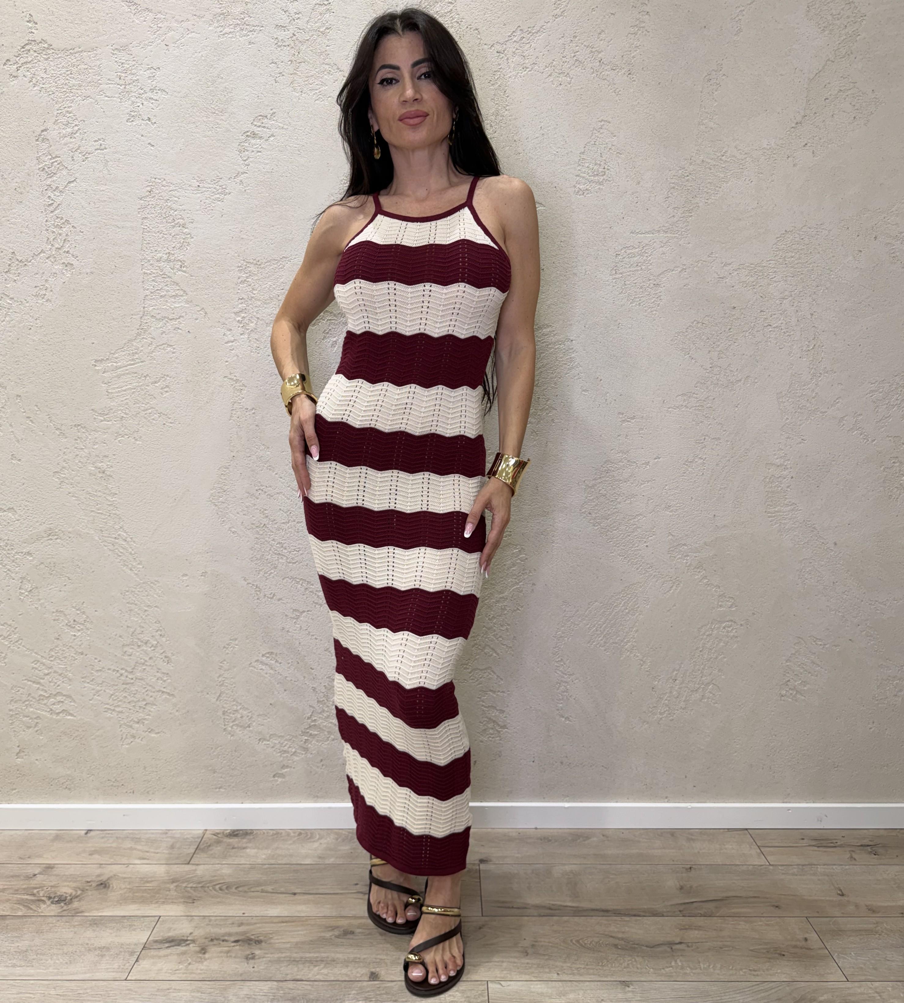 abito lungo in maglia con scollo all'americana a righe TAB7095 BORDEAUX/PANNA VICOLO 