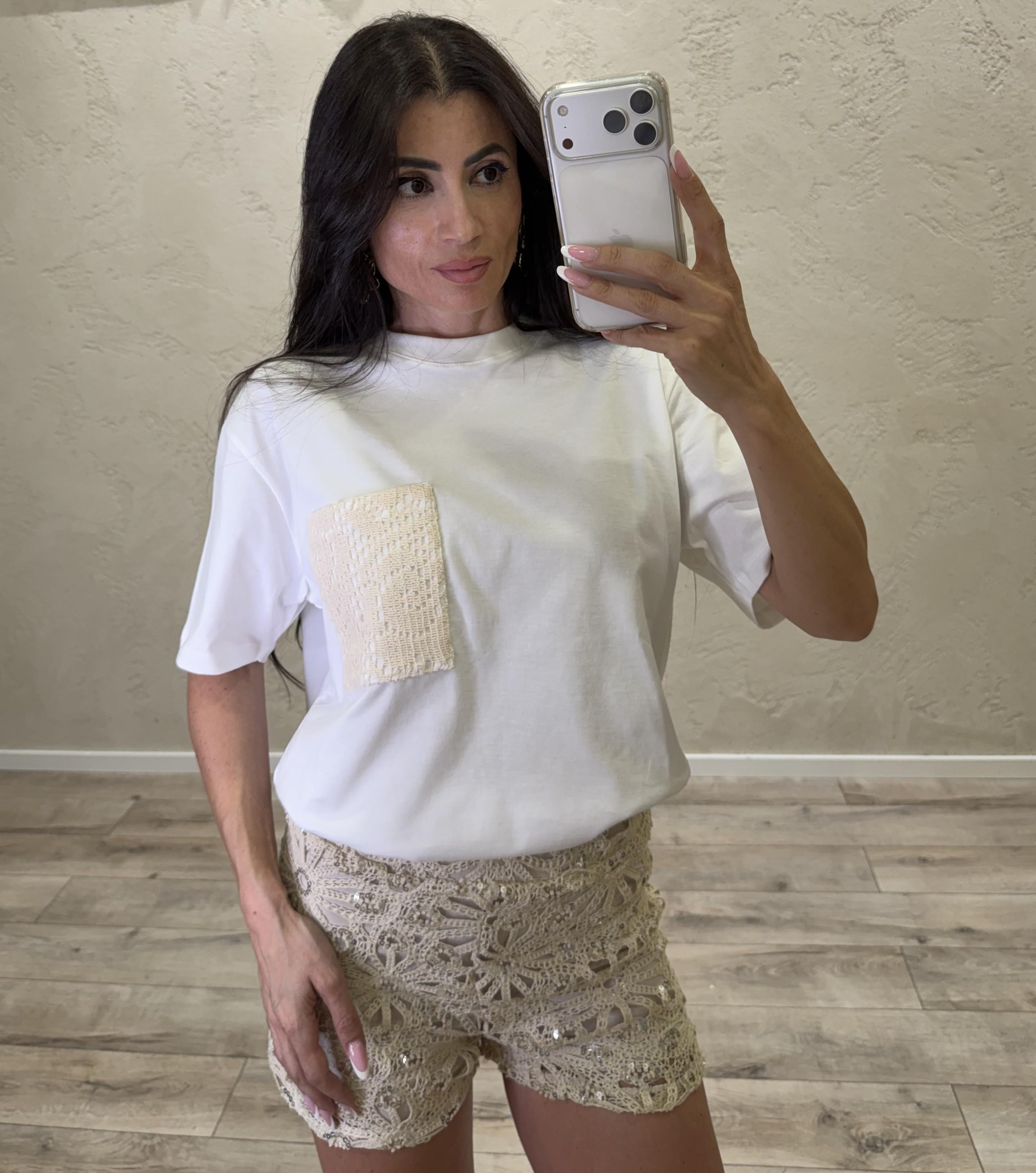 t-shirt over con tasca crochet UAB0381 NATURALE VICOLO 