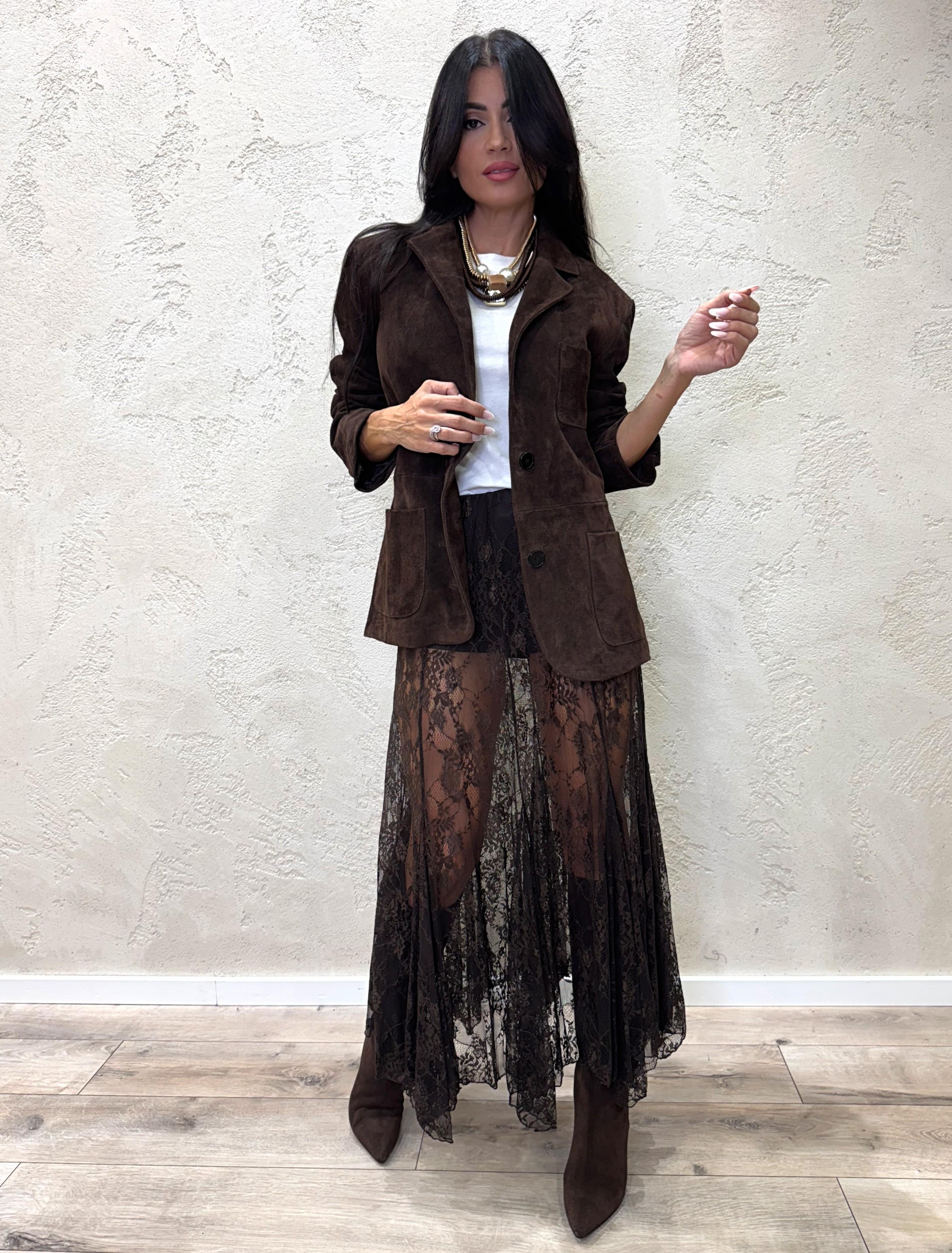 gonna midi in pizzo svasata FW250025 MORO TENSIONE IN 