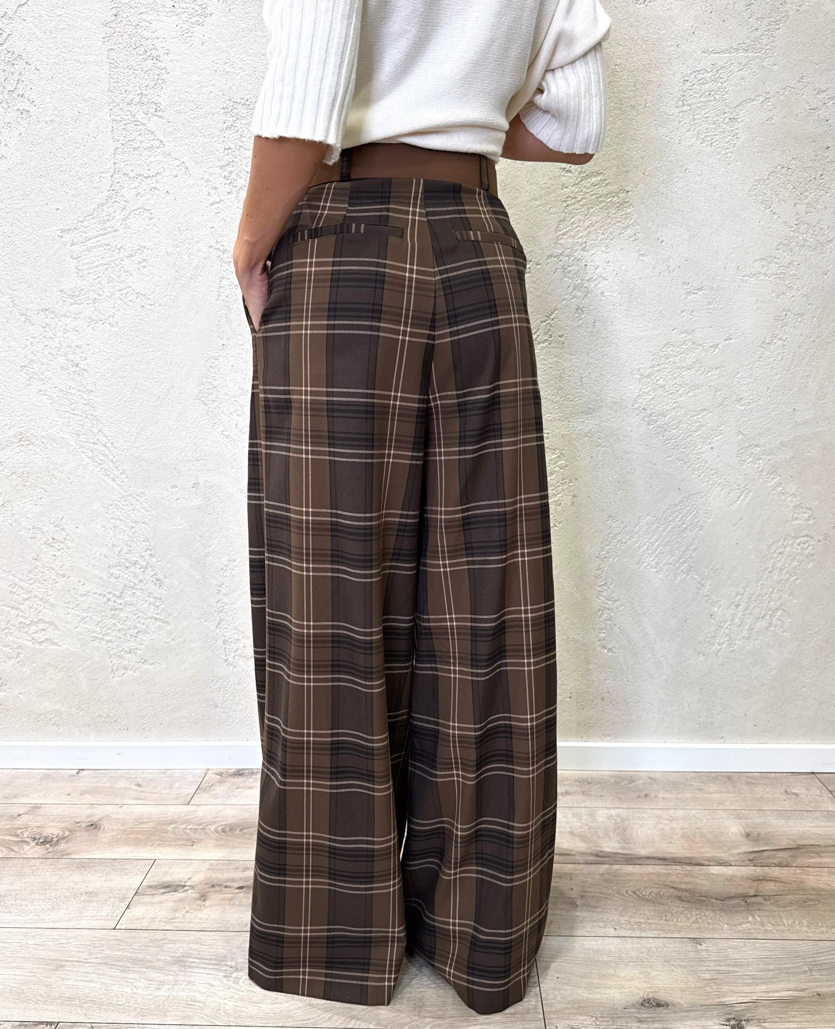 pantalone ampio in check con pinces P7B7KROC MARRONE IMPERIAL 