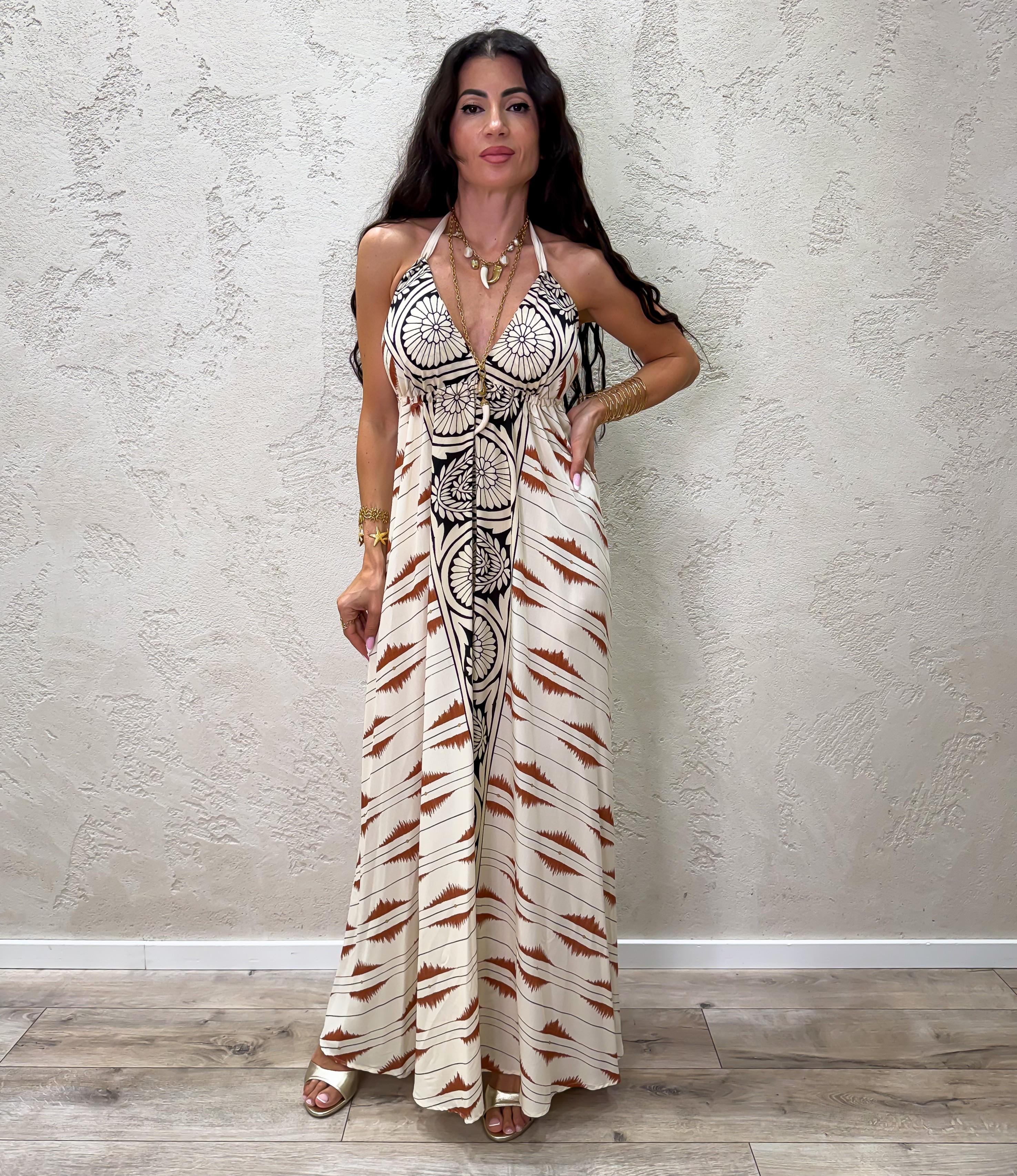abito midi fantasia con scollo a v e schiena scoperta 100% viscosa AMA-Q263 FANTASIA HAVEONE 