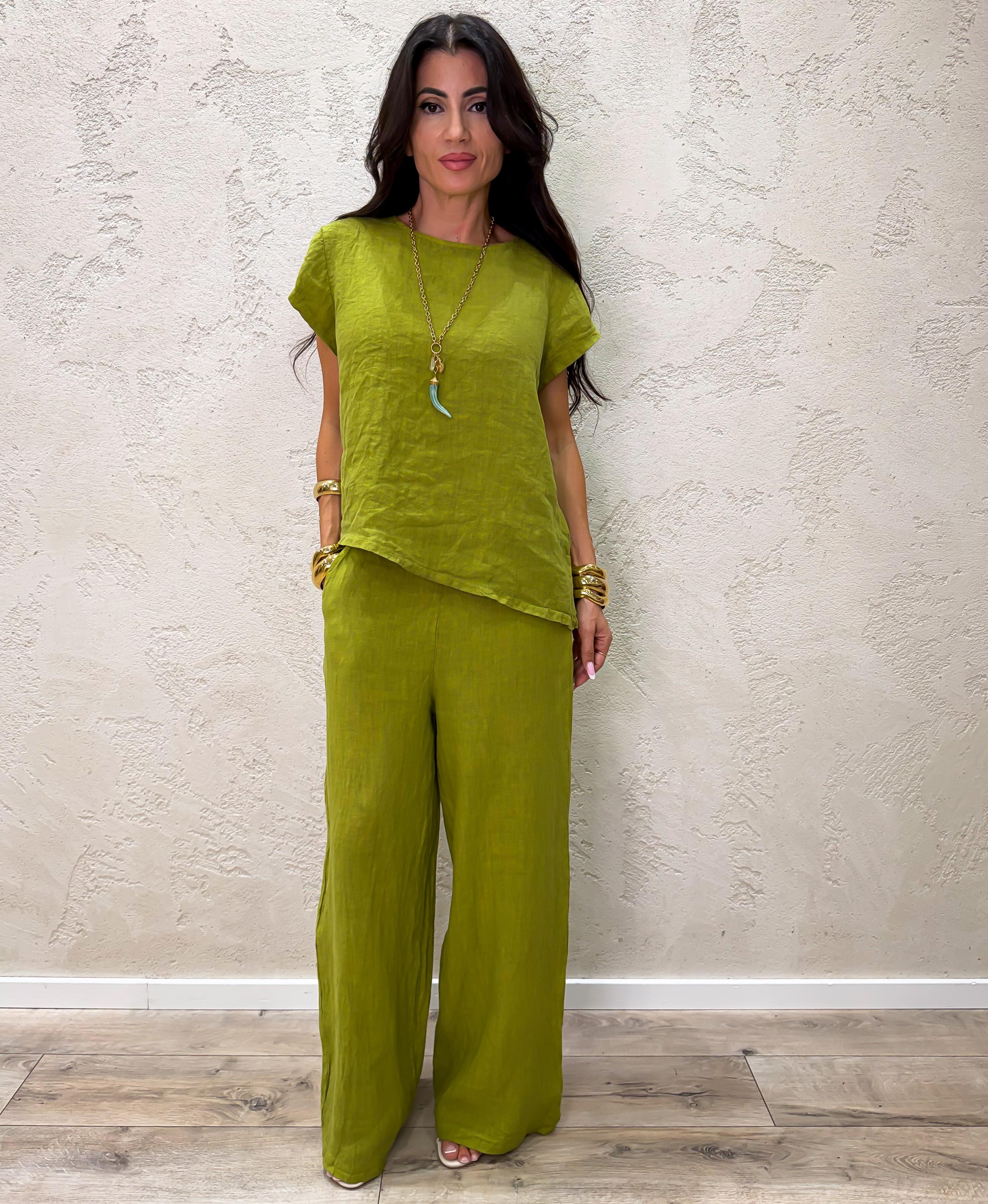 completo in 100% lino composto da blusa e pantalone a palazzo 41004 VERDE OLIVA SUSY MIX 
