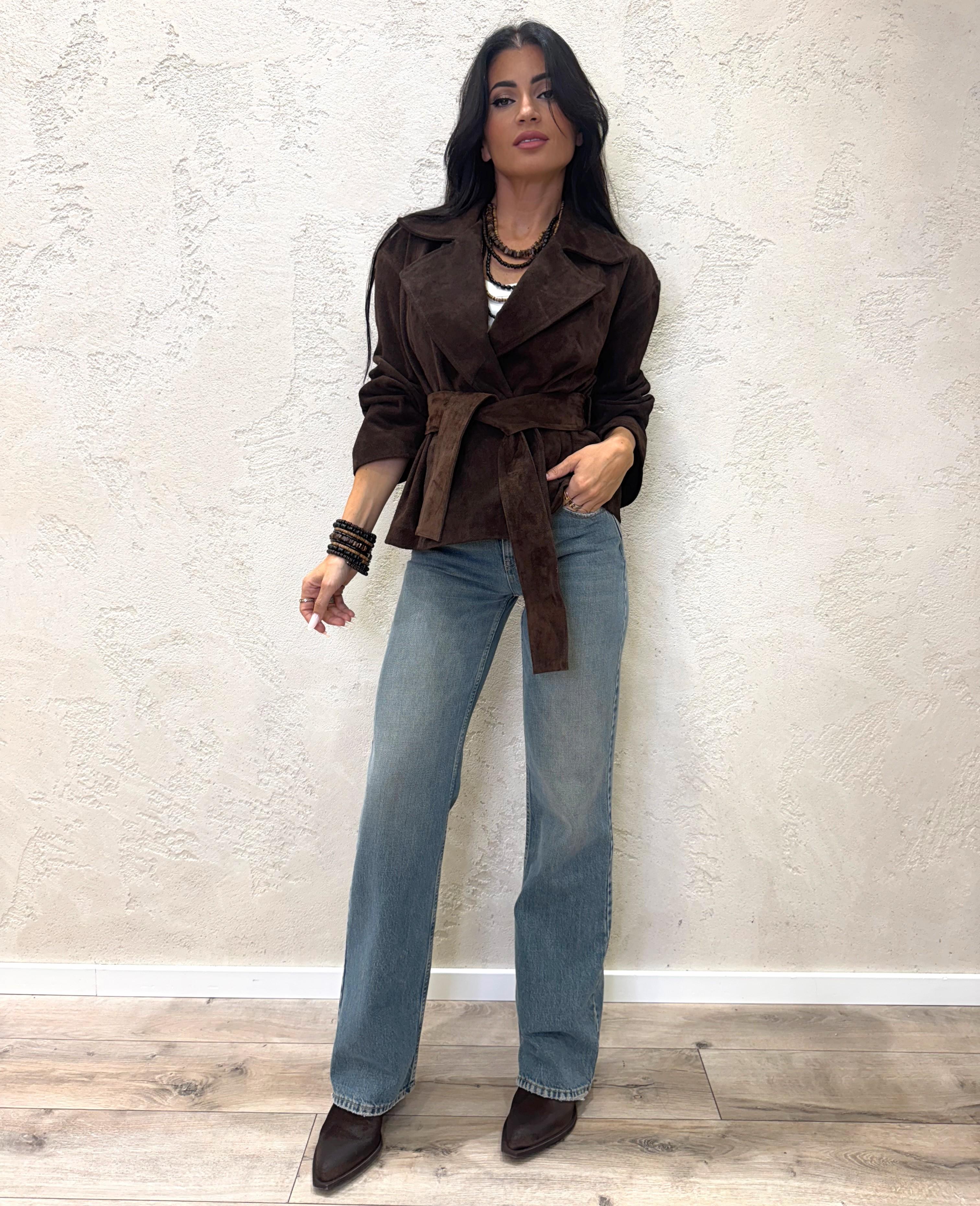 giubbino in vera pelle scamosciata con cintura TF0269 MORO VICOLO 