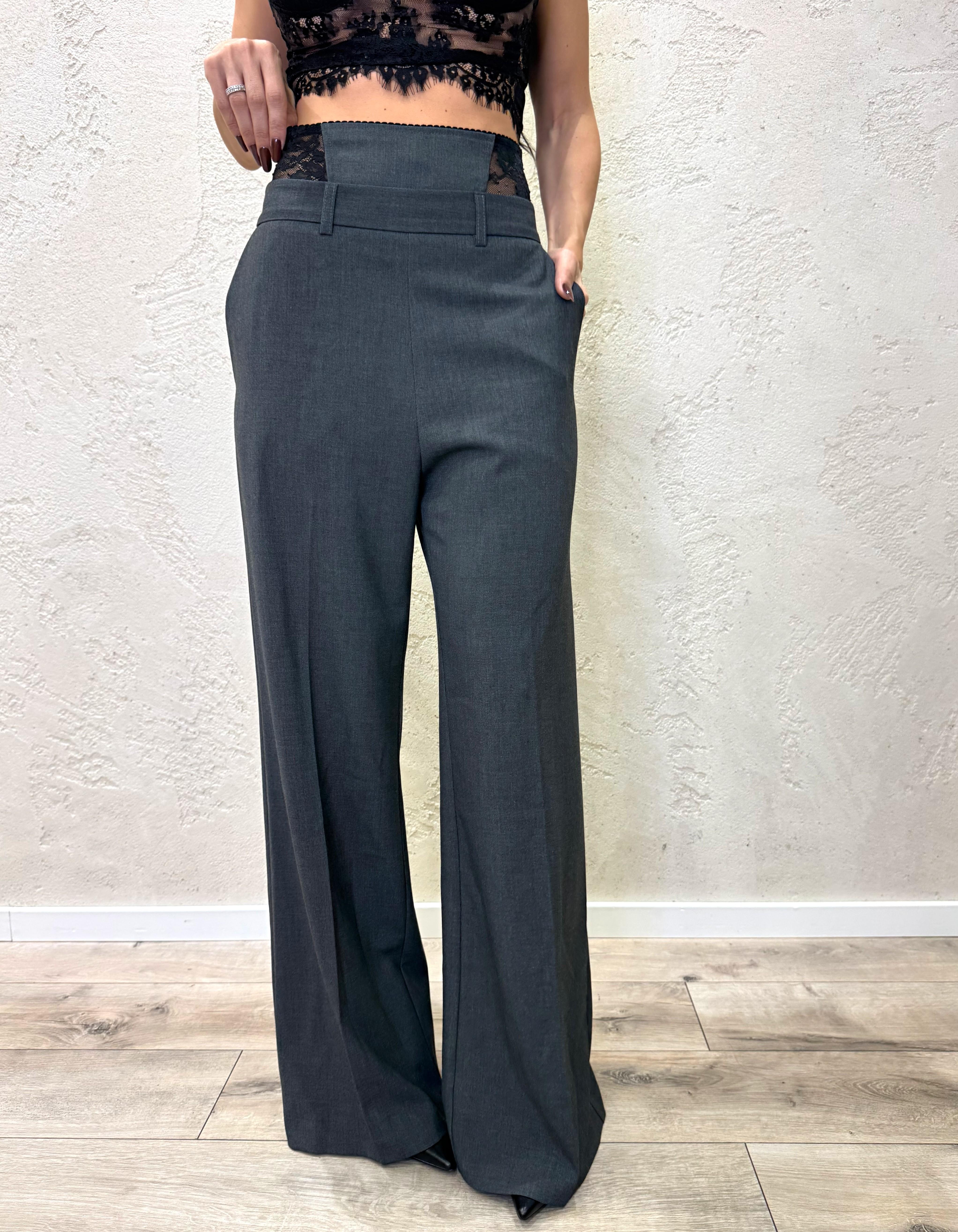 pantalone palazzo con inserto coulotte pizzo P6C3KFU PIOMBO IMPERIAL 