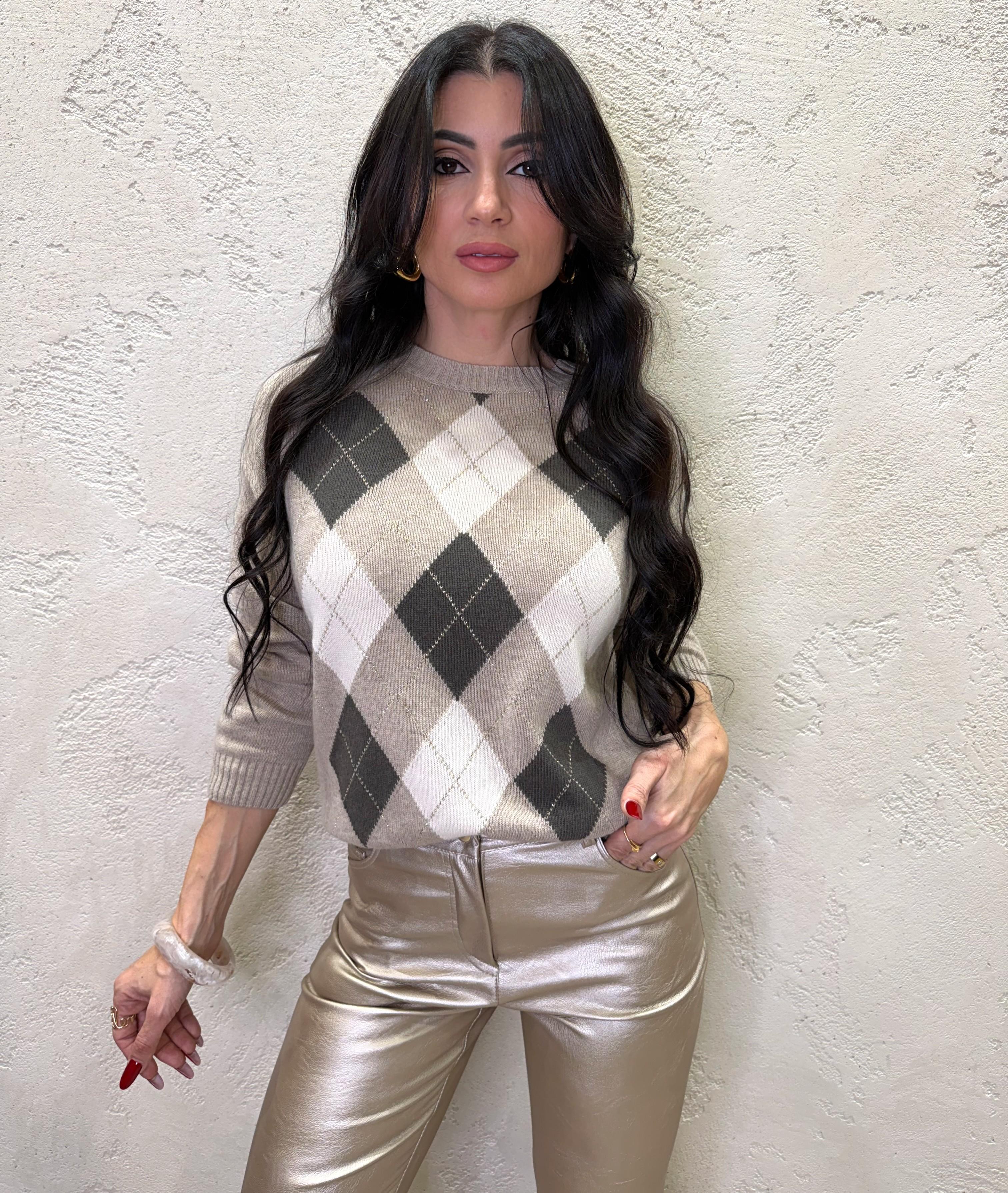 pull misto lana e cashmere fantasia rombi D82105 KASHA/BURRO TENSIONE IN 