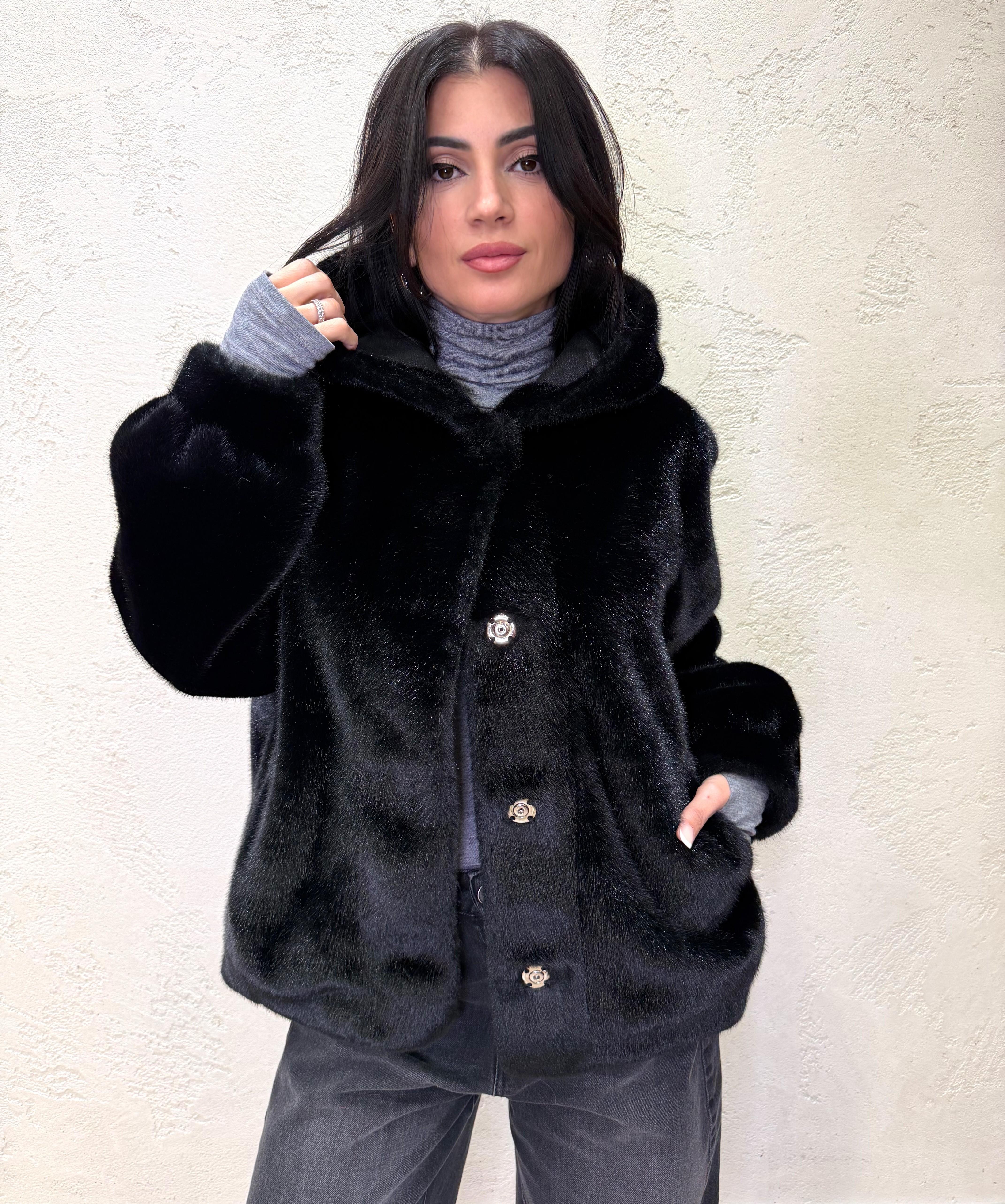 ecopelliccia pelo raso con cappuccio KDY-P034 NERO HAVEONE 