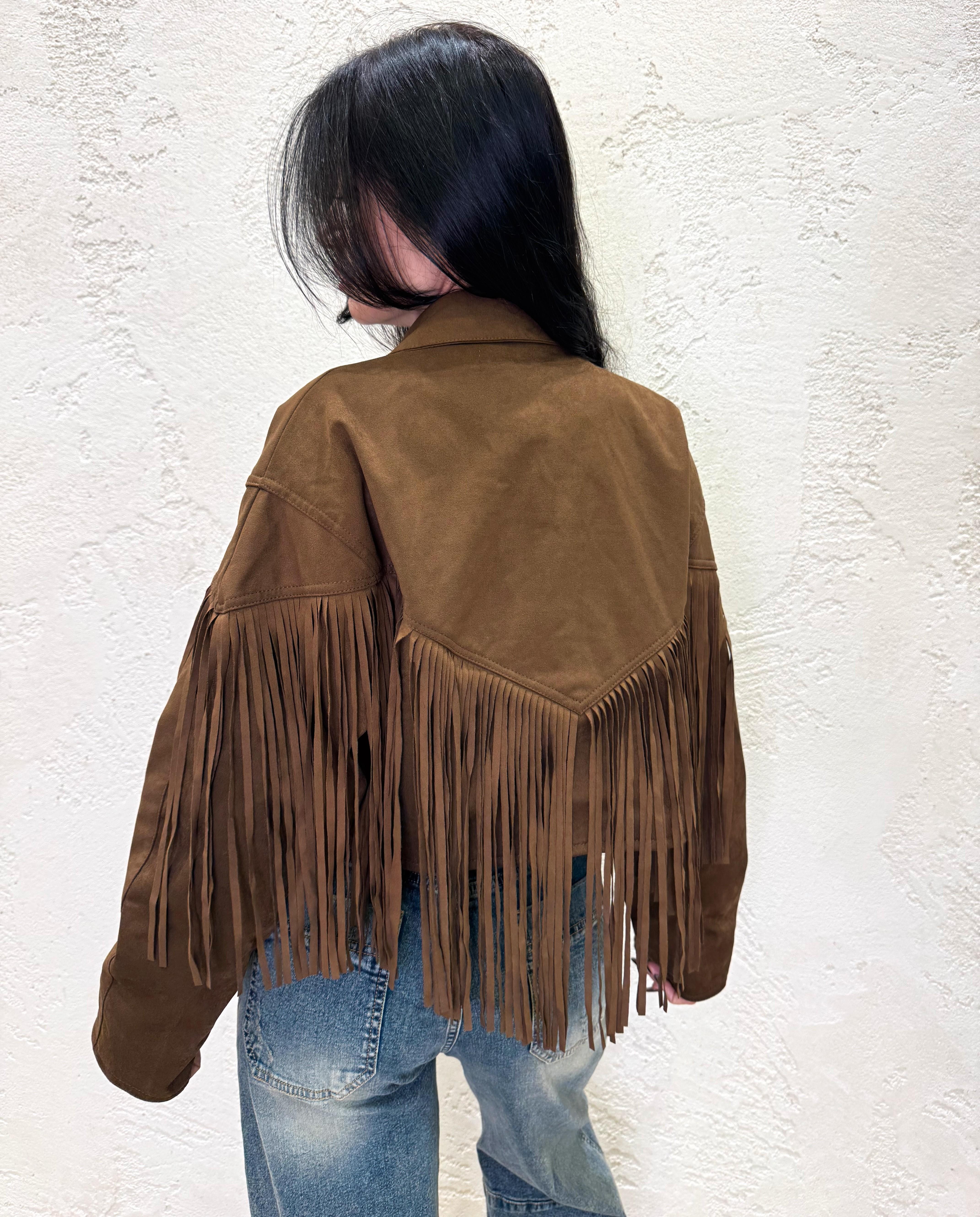 giacca crop scamosciata con collo rever e frange GSCFRANGE CIOCCOLATO ELEVI 