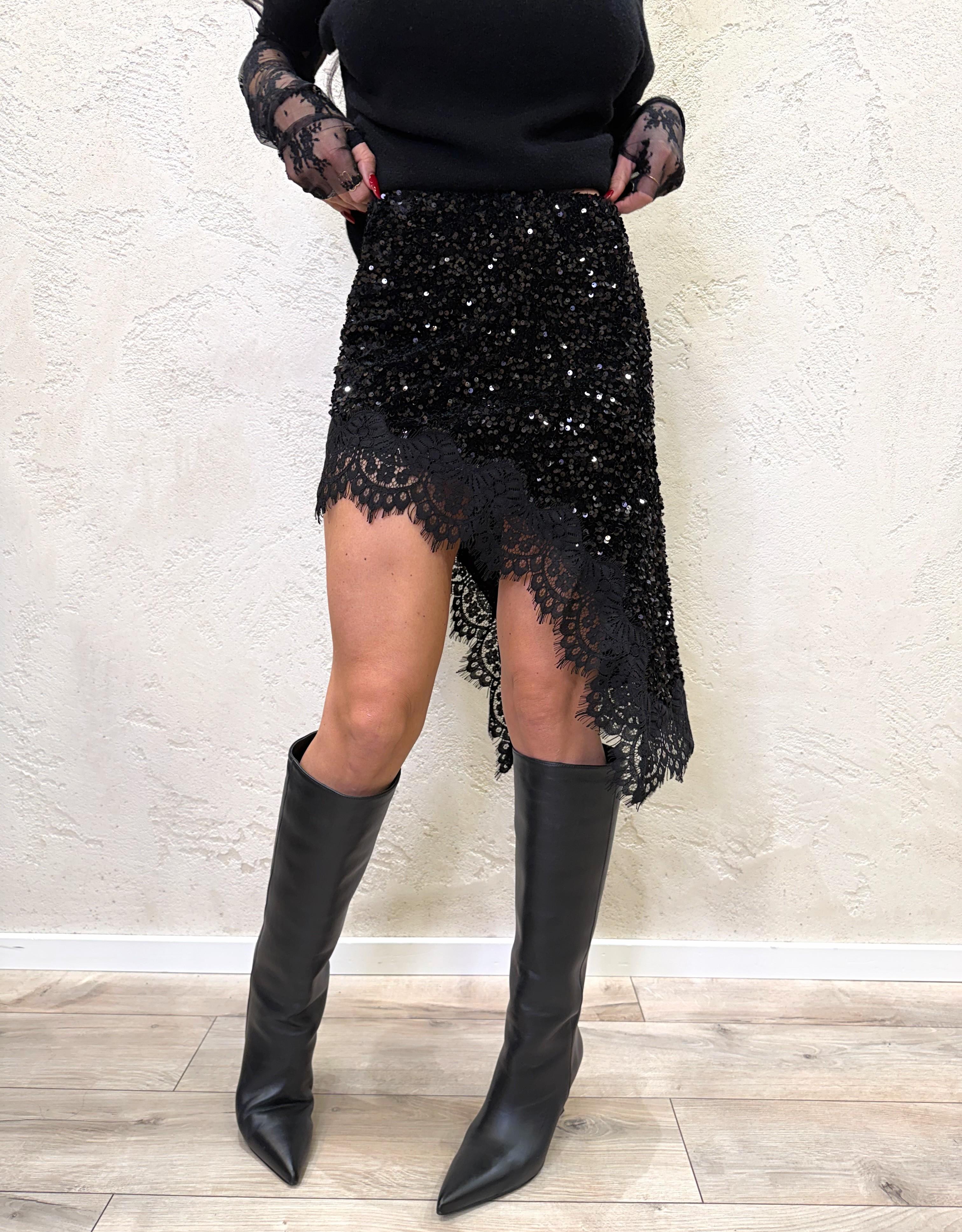 gonna mini asimmetrica in pailette e pizzo W25GC65 NERO MOTEL 